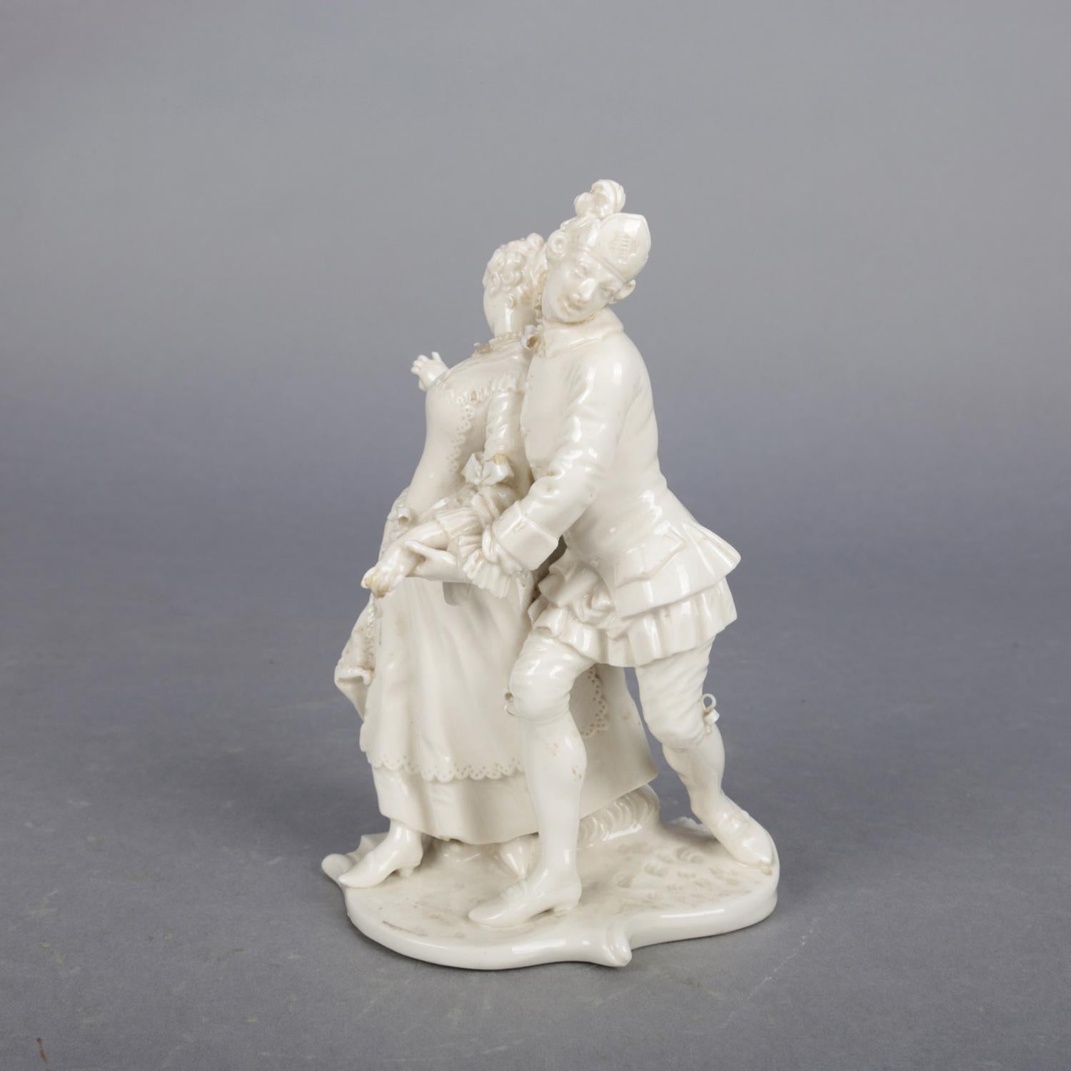 An antique and petite German figural blanc de chine grouping depicts courting couple dancing, maker mark on base as photographed, 19th century.


Measures: 7