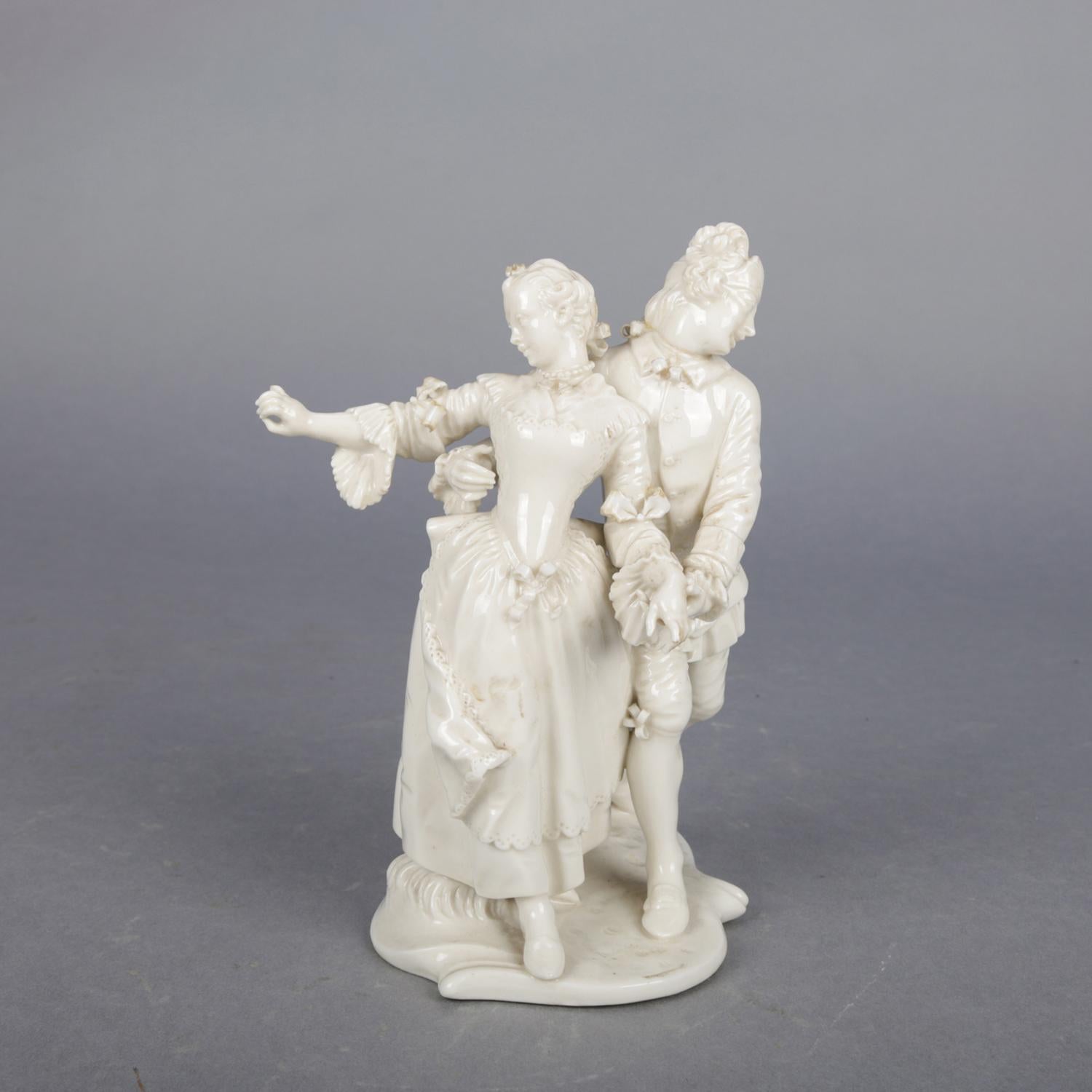 Glazed Antique & Petite German Figural Blanc de Chine Grouping, Dancing Courting Couple