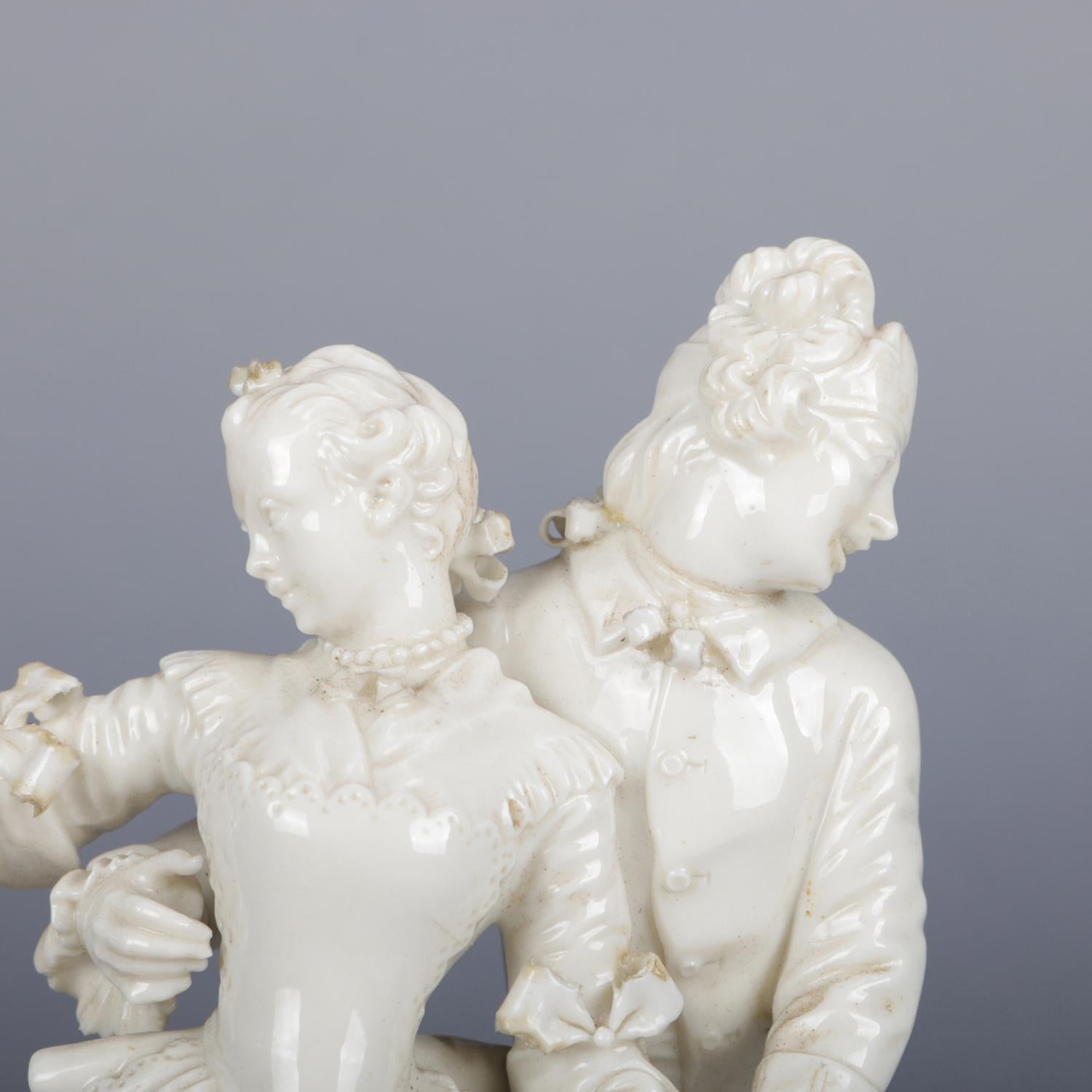 Antique & Petite German Figural Blanc de Chine Grouping, Dancing Courting Couple In Good Condition In Big Flats, NY