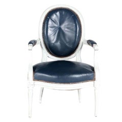 Antique Petite Louis XVI Style Navy Leather Chairs