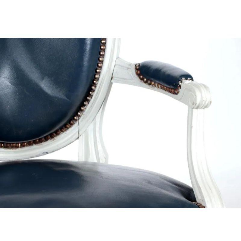 Antique Petite Louis XVI Style Navy Leather Chairs In Fair Condition For Sale In Locust Valley, NY