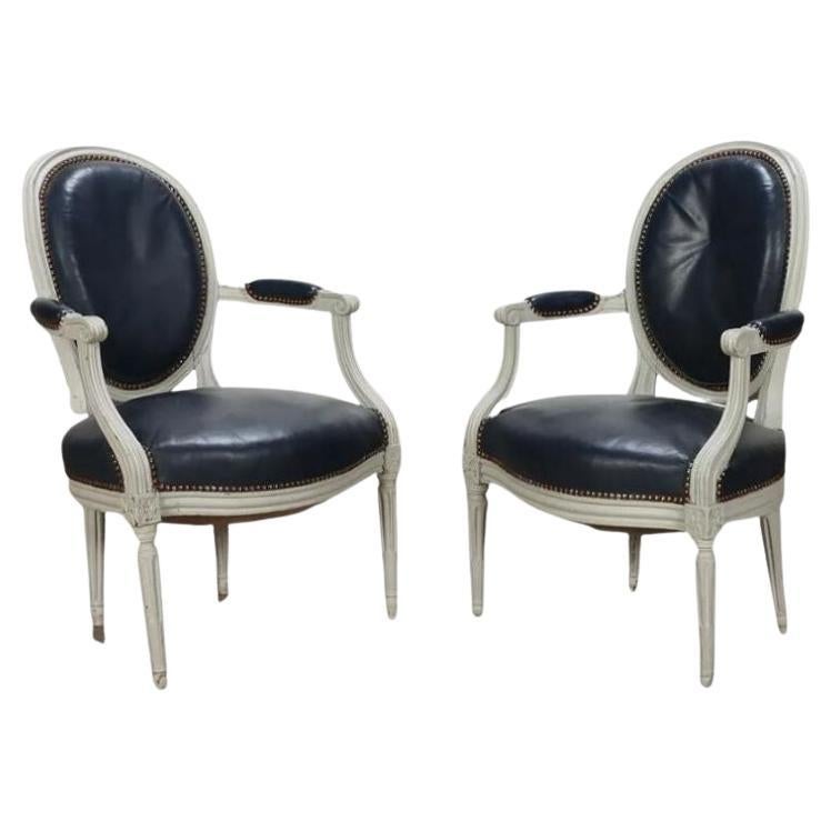 Antique Petite Louis XVI Style Navy Leather Chairs