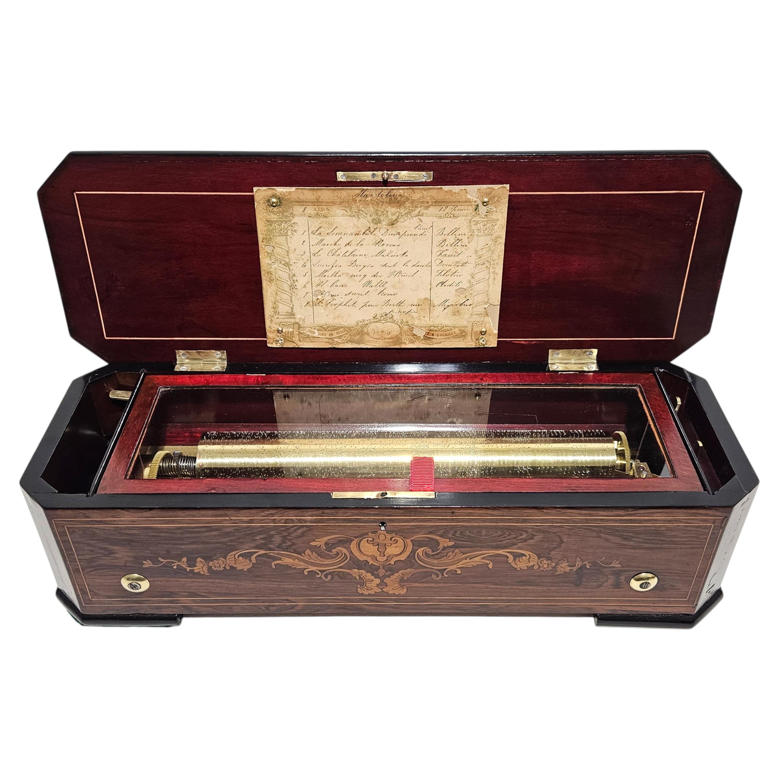 Antique Petite Mandolin Cylinder Music Box, Lecoultre Freres (?), Geneva c. 1870