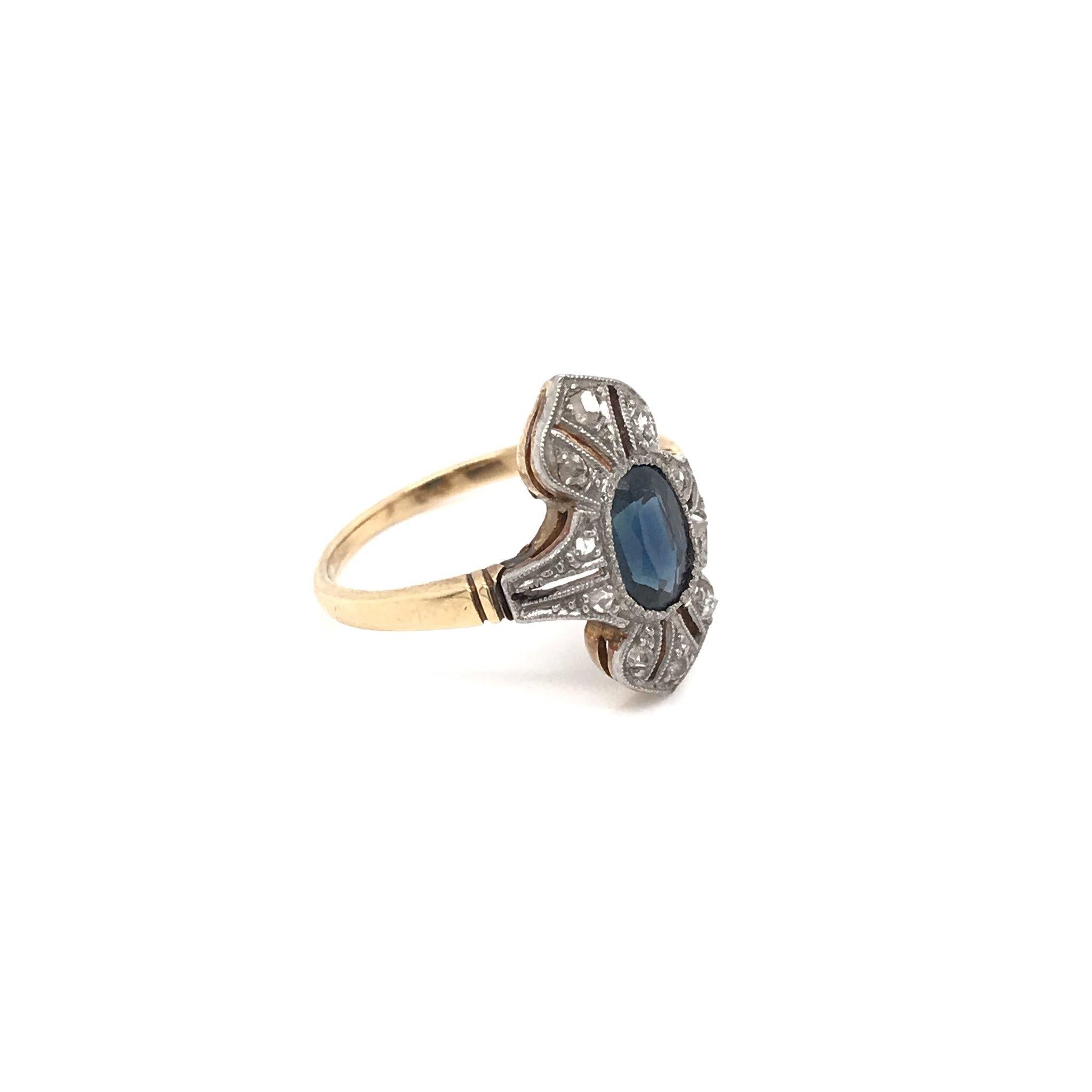 Art Deco Antique Petite Sapphire & Diamonds Two Toned Ring