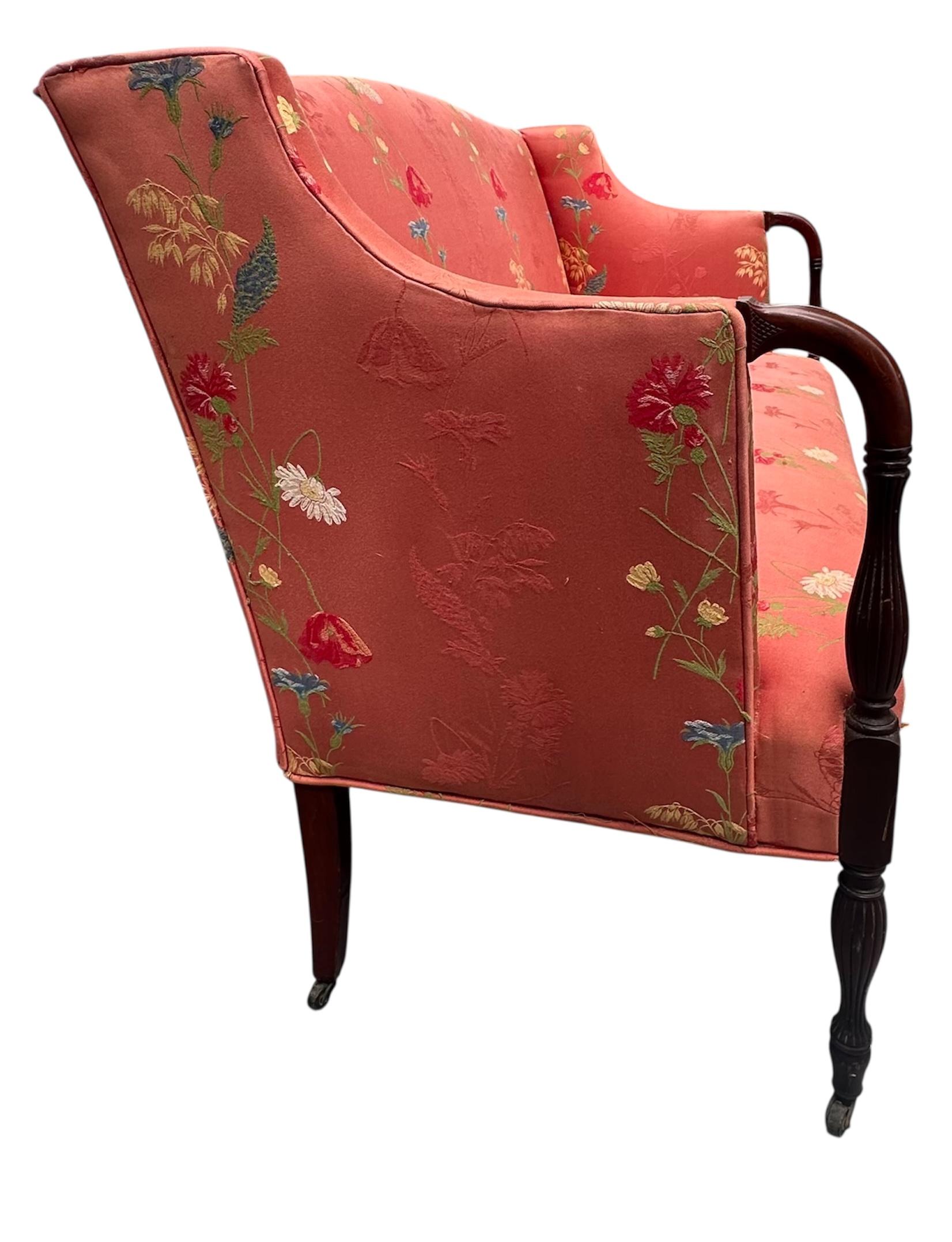 Carved Antique Petite Sheraton Style Mahogany Camel Back Settee For Sale