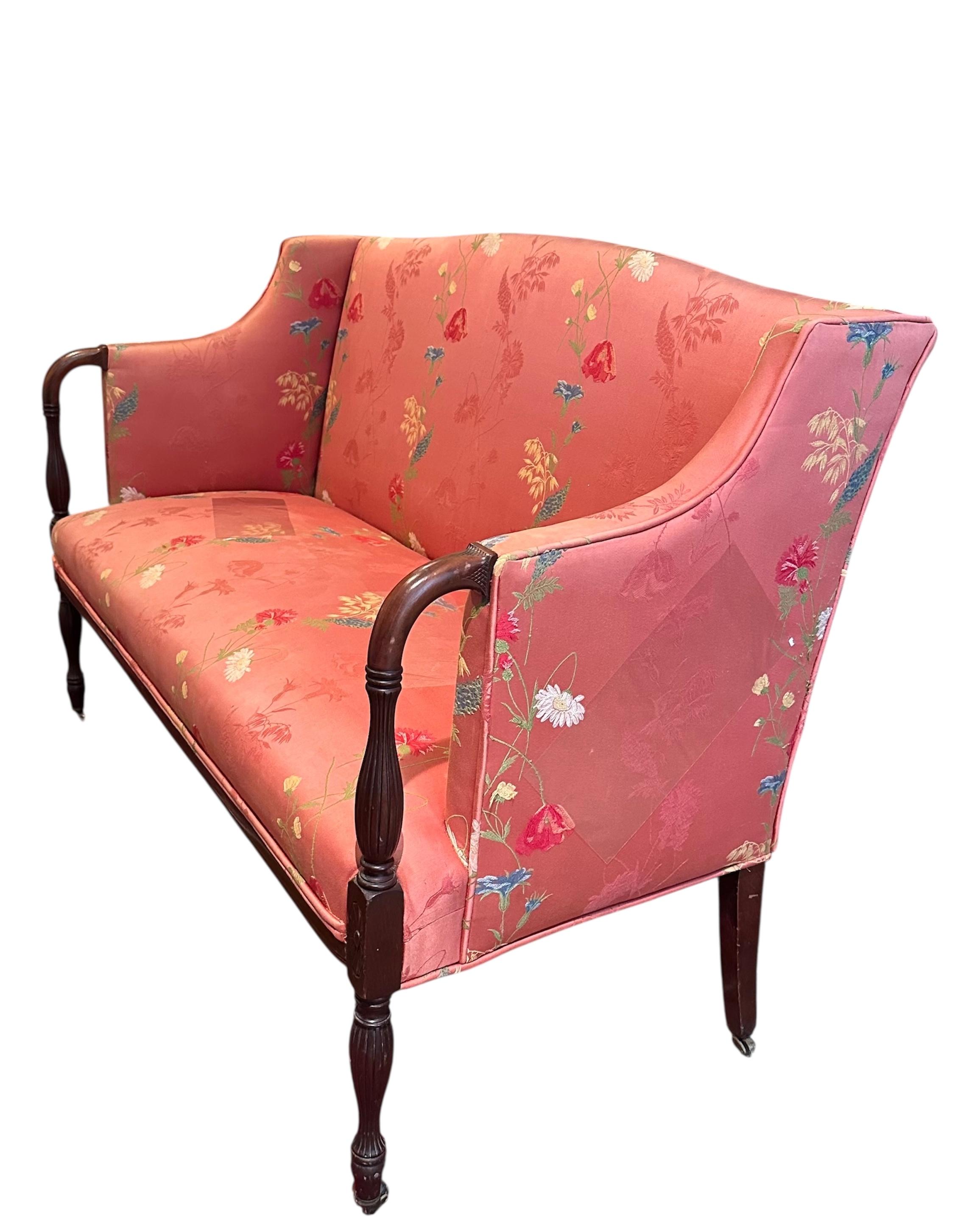 20th Century Antique Petite Sheraton Style Mahogany Camel Back Settee For Sale