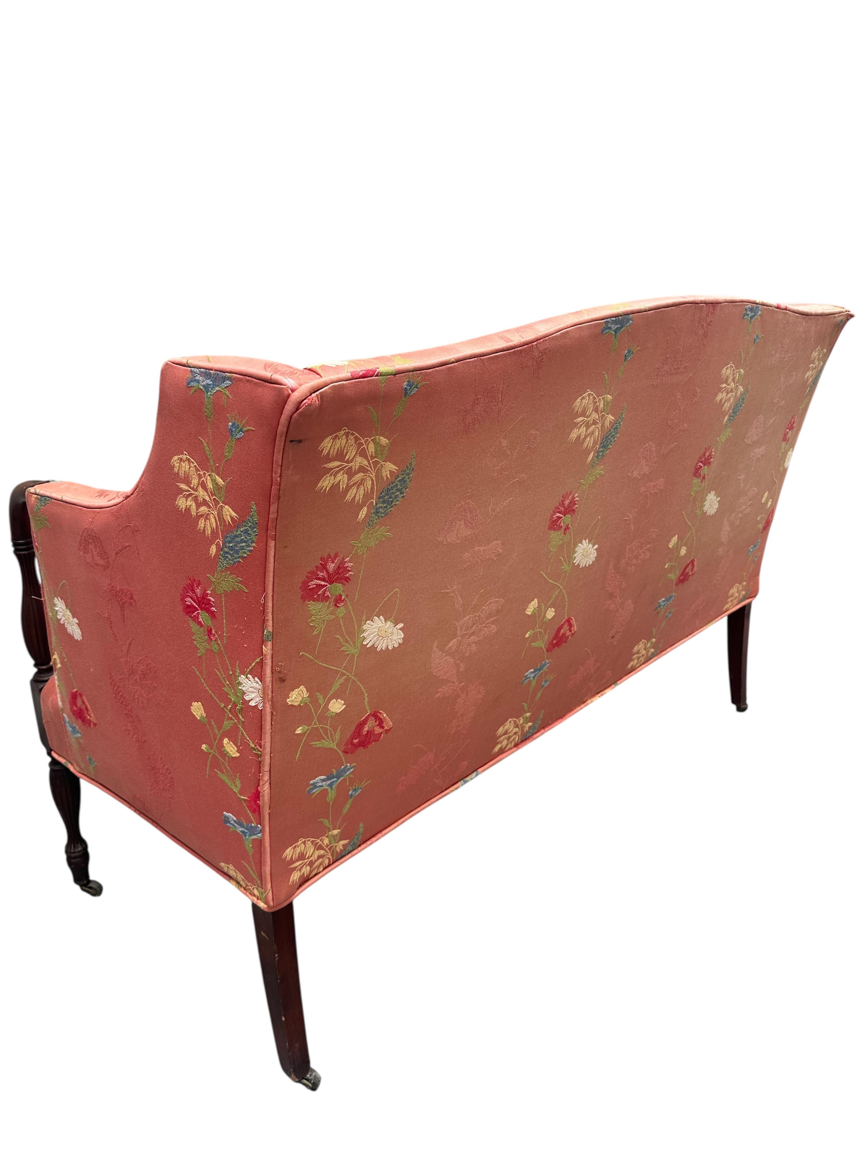 Antique Petite Sheraton Style Mahogany Camel Back Settee For Sale 1
