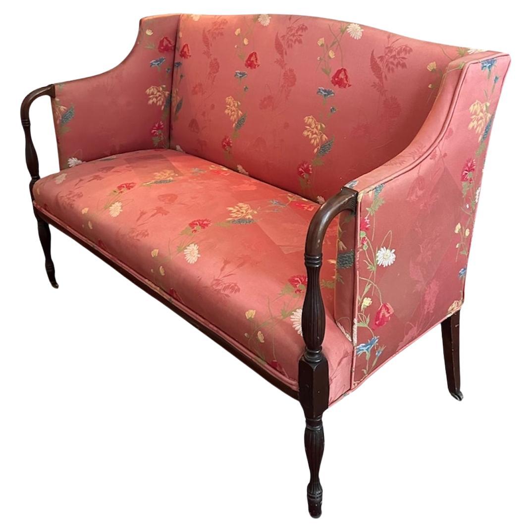 Antique Petite Sheraton Style Mahogany Camel Back Settee For Sale