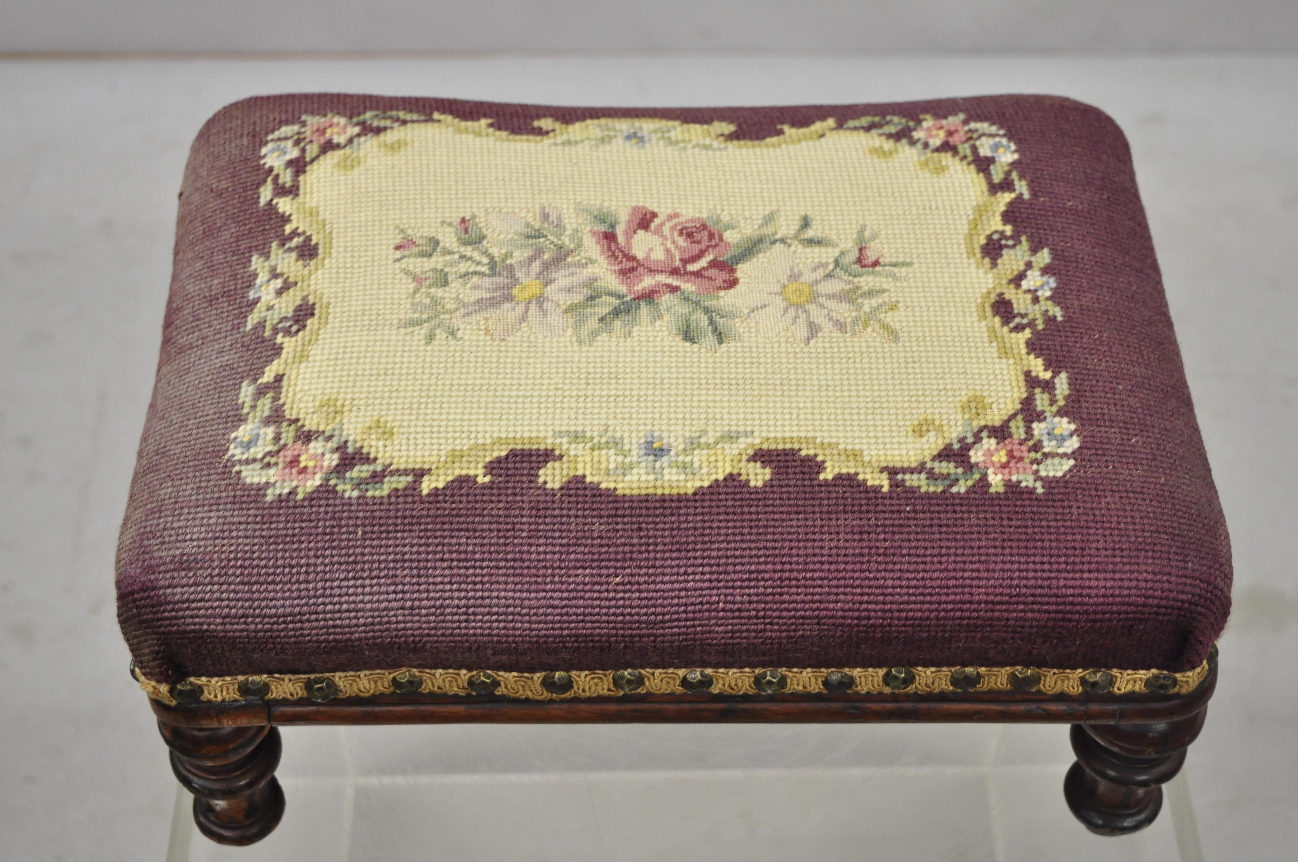 Antique Petite Small Victorian Empire Mahogany Needlepoint Footstool Ottoman 3
