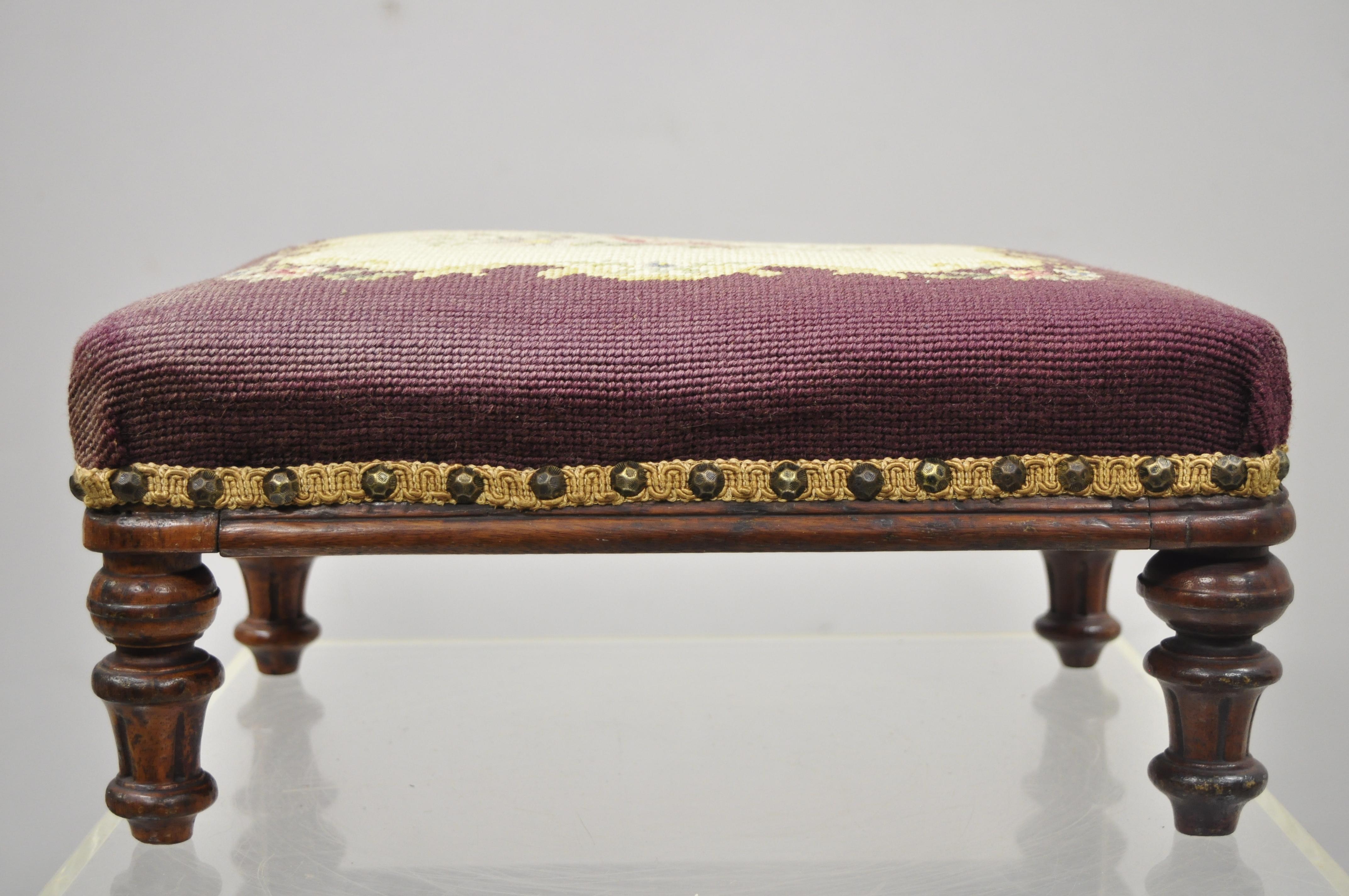 Antique Petite Small Victorian Empire Mahogany Needlepoint Footstool Ottoman In Good Condition In Philadelphia, PA