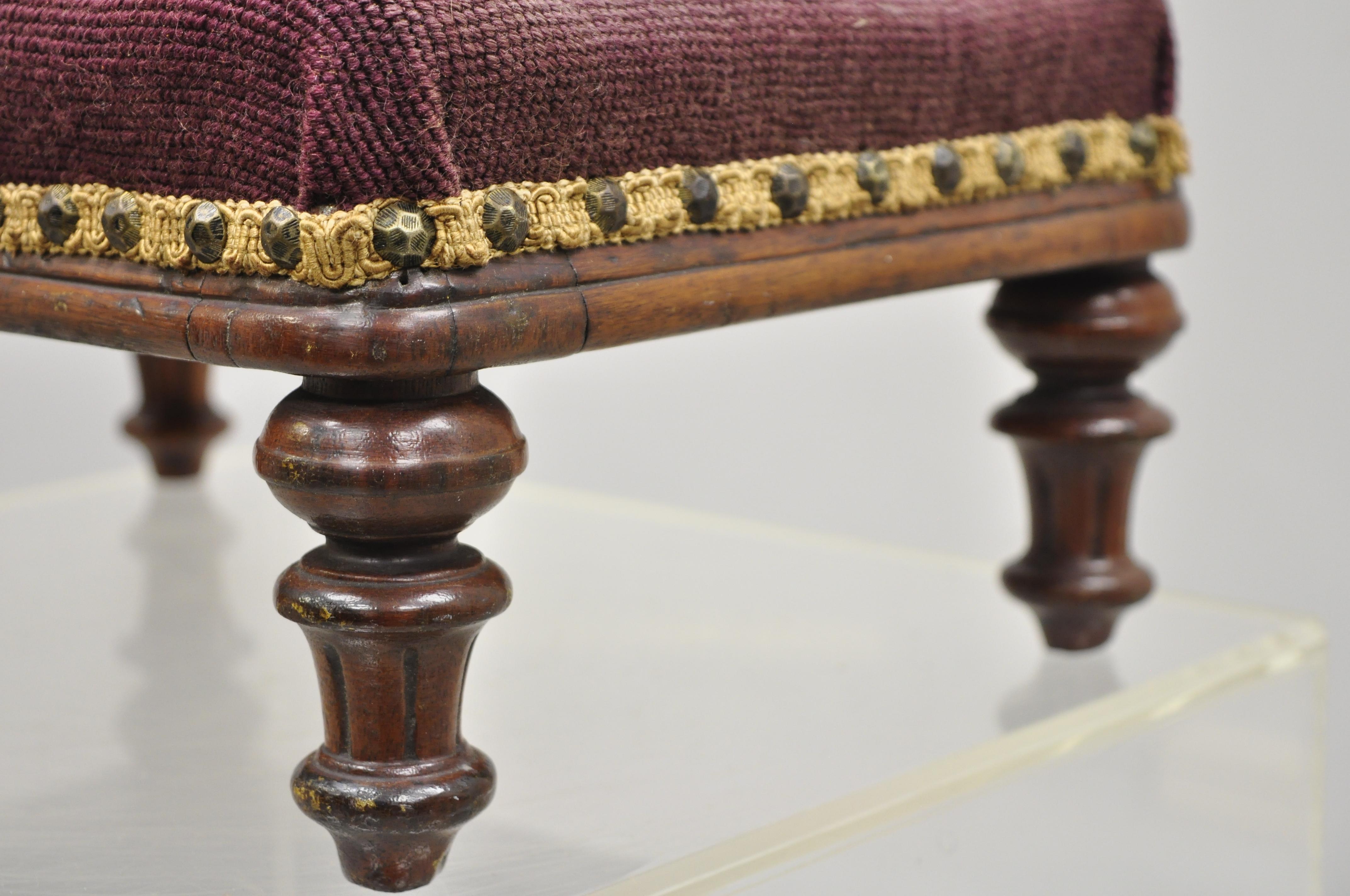 Antique Petite Small Victorian Empire Mahogany Needlepoint Footstool Ottoman 1