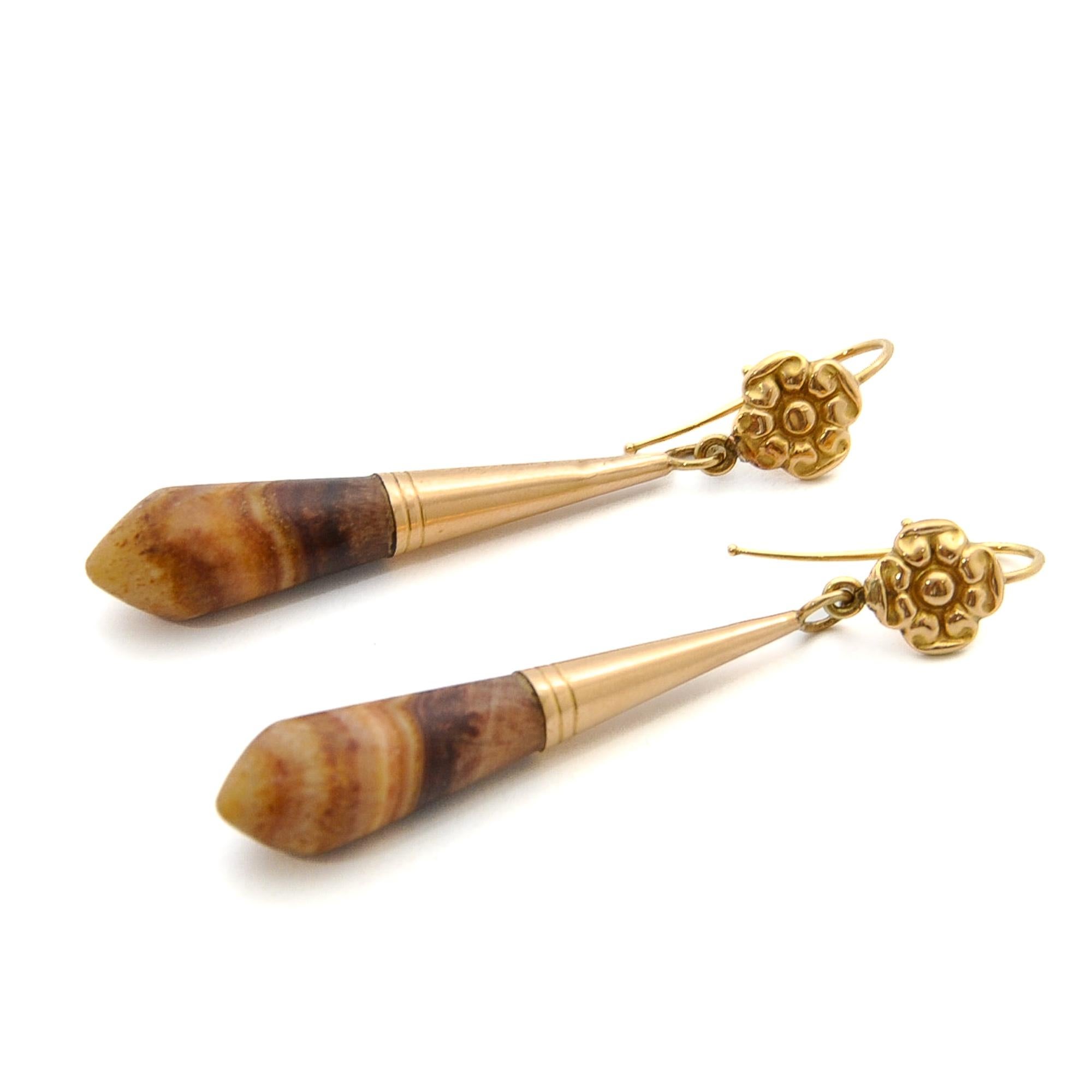 Women's Antique Petrified Wood and 14K Gold Dangle Earrings For Sale