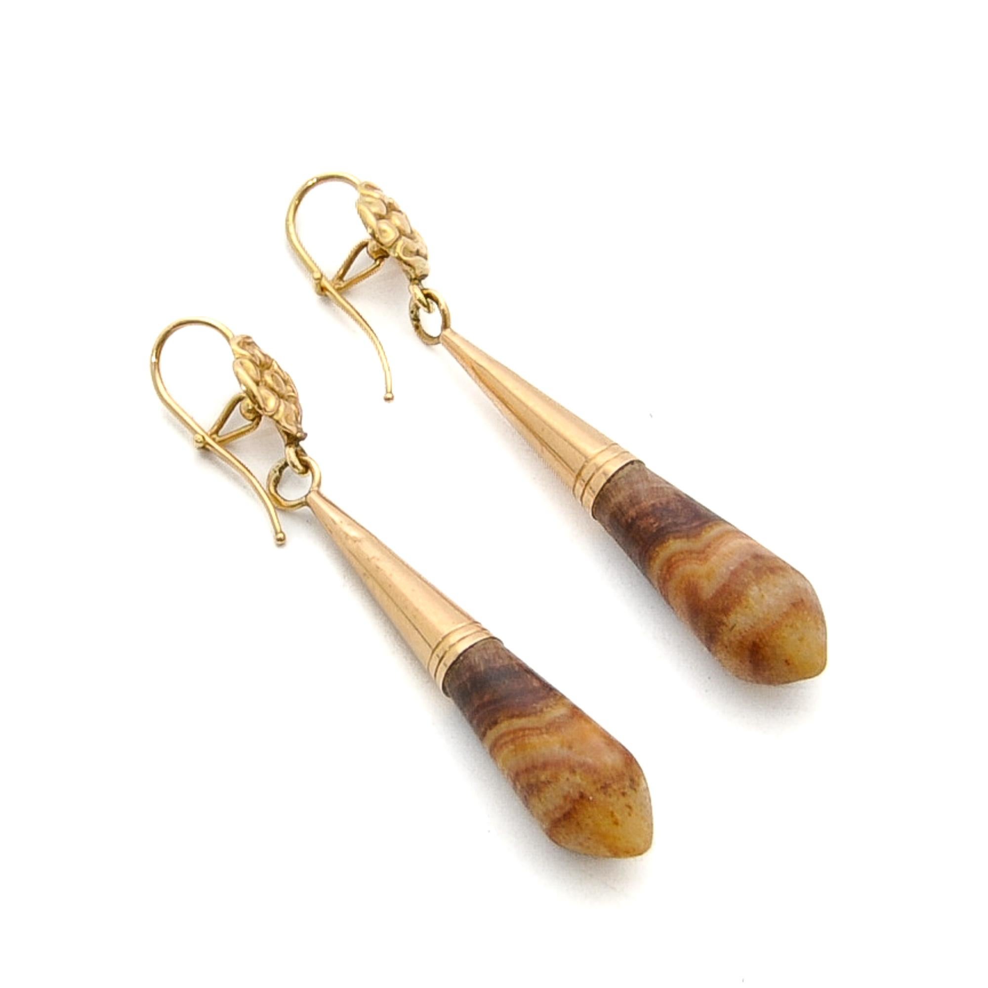 Antique Petrified Wood and 14K Gold Dangle Earrings For Sale 1