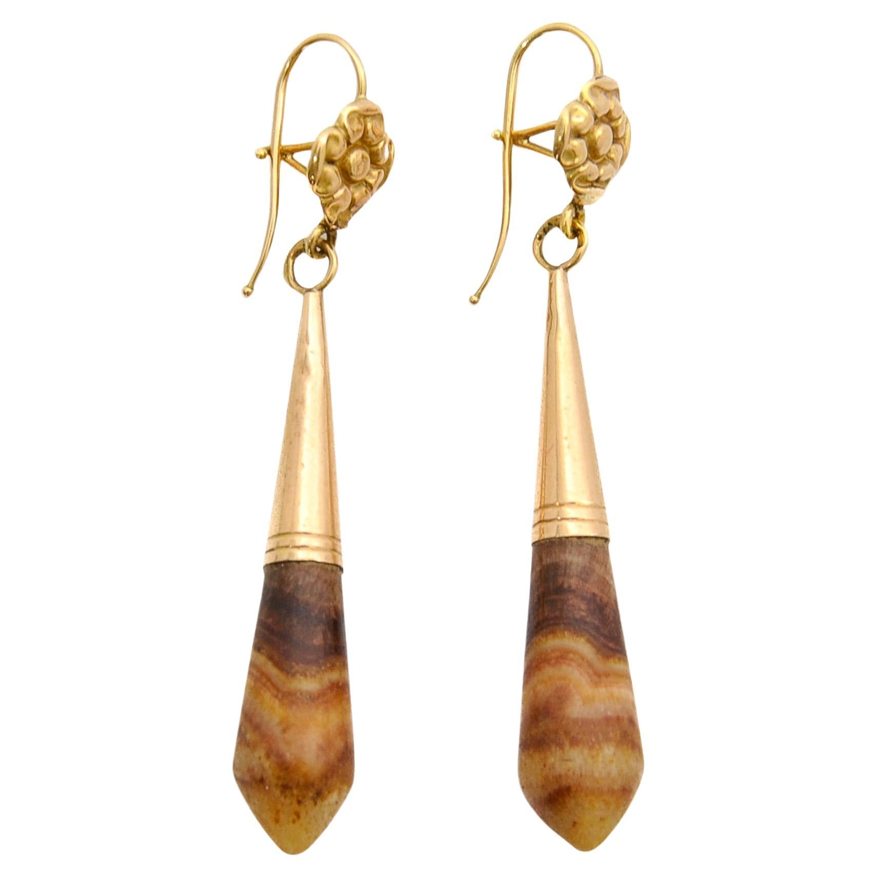 Antique Petrified Wood and 14K Gold Dangle Earrings For Sale