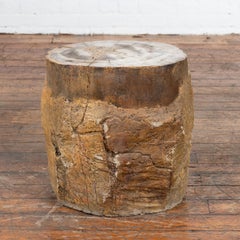 Mesa de bebidas o taburete antiguo de tocón de árbol de madera petrificada cubierto de gesso