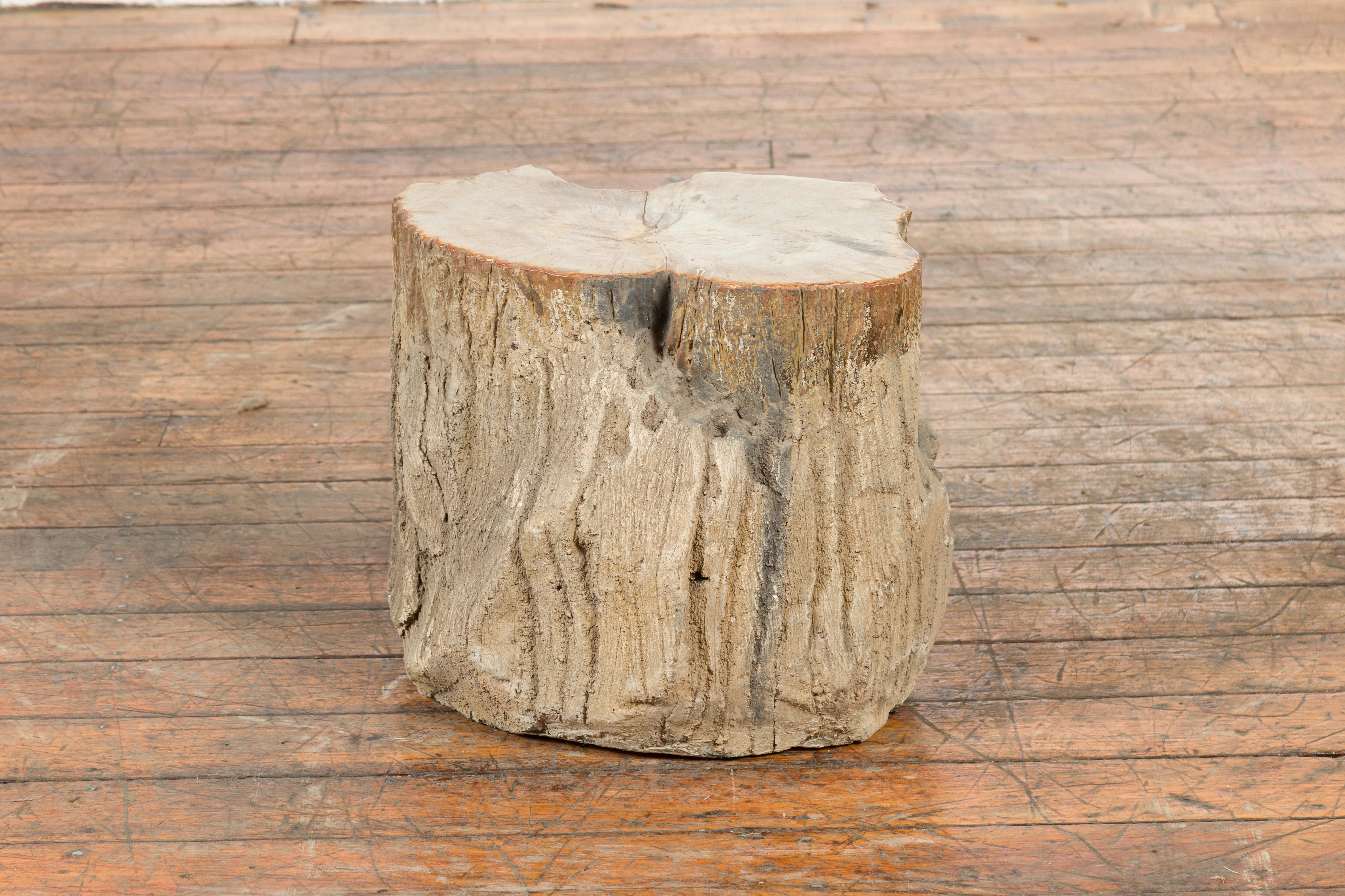 Antiker antiker Baumstumpf-Getränketisch oder Hocker aus versteinertem Holz mit Gesso überzogen (Asiatisch) im Angebot