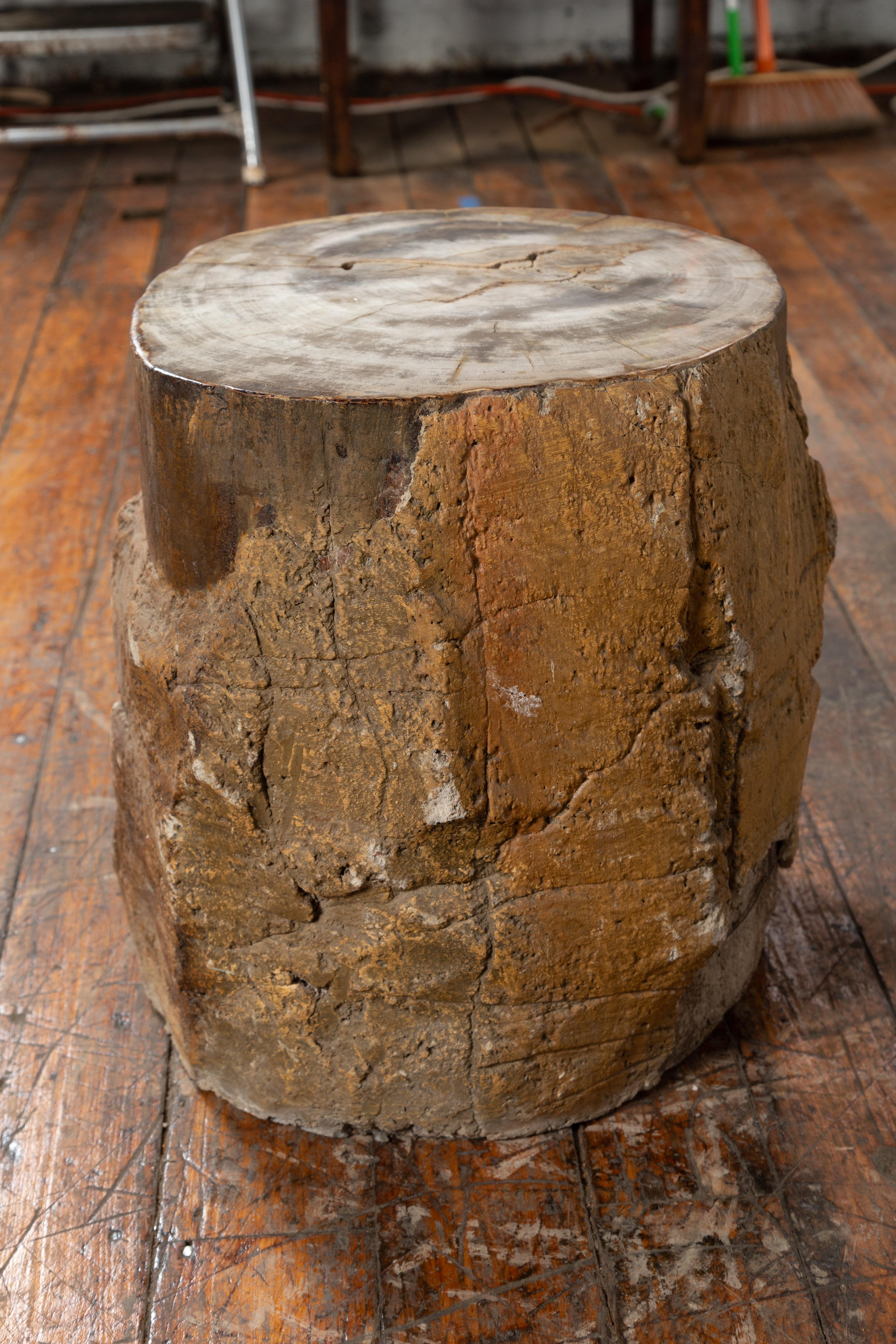 Antique Petrified Wood Tree Stump Drinks Table or Stool Covered in Gesso 2
