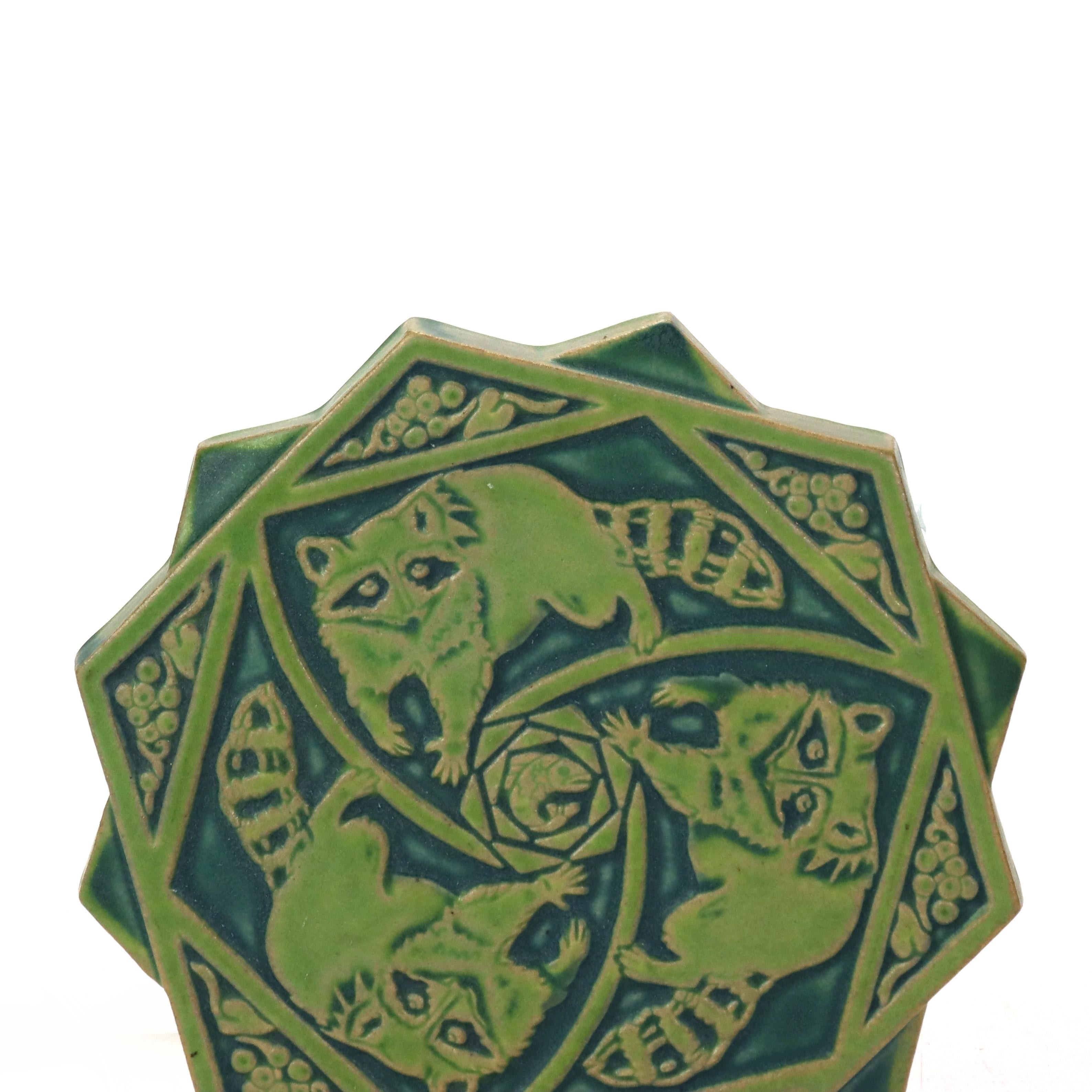 Antique Pewabic Arts & Crafts Pottery Trivet with Raccoons Signed C1920
Measures - 1