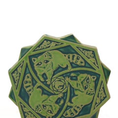 Antique Pewabic Arts & Crafts Pottery Trivet with Raccoons Signed C1920