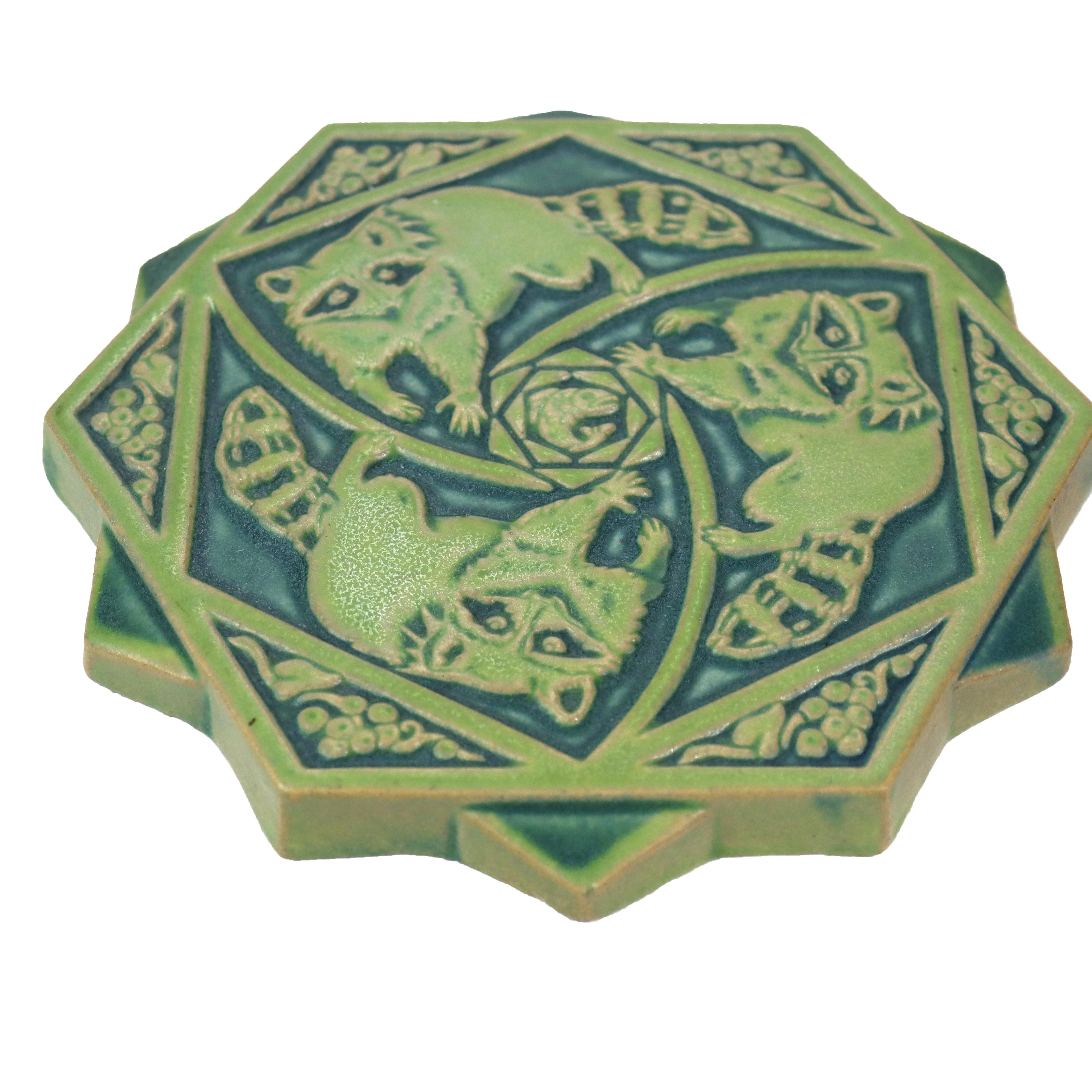 Antique Pewabic Arts & Crafts Pottery Trivet with Raccoons Signed C1920 In Good Condition For Sale In Big Flats, NY