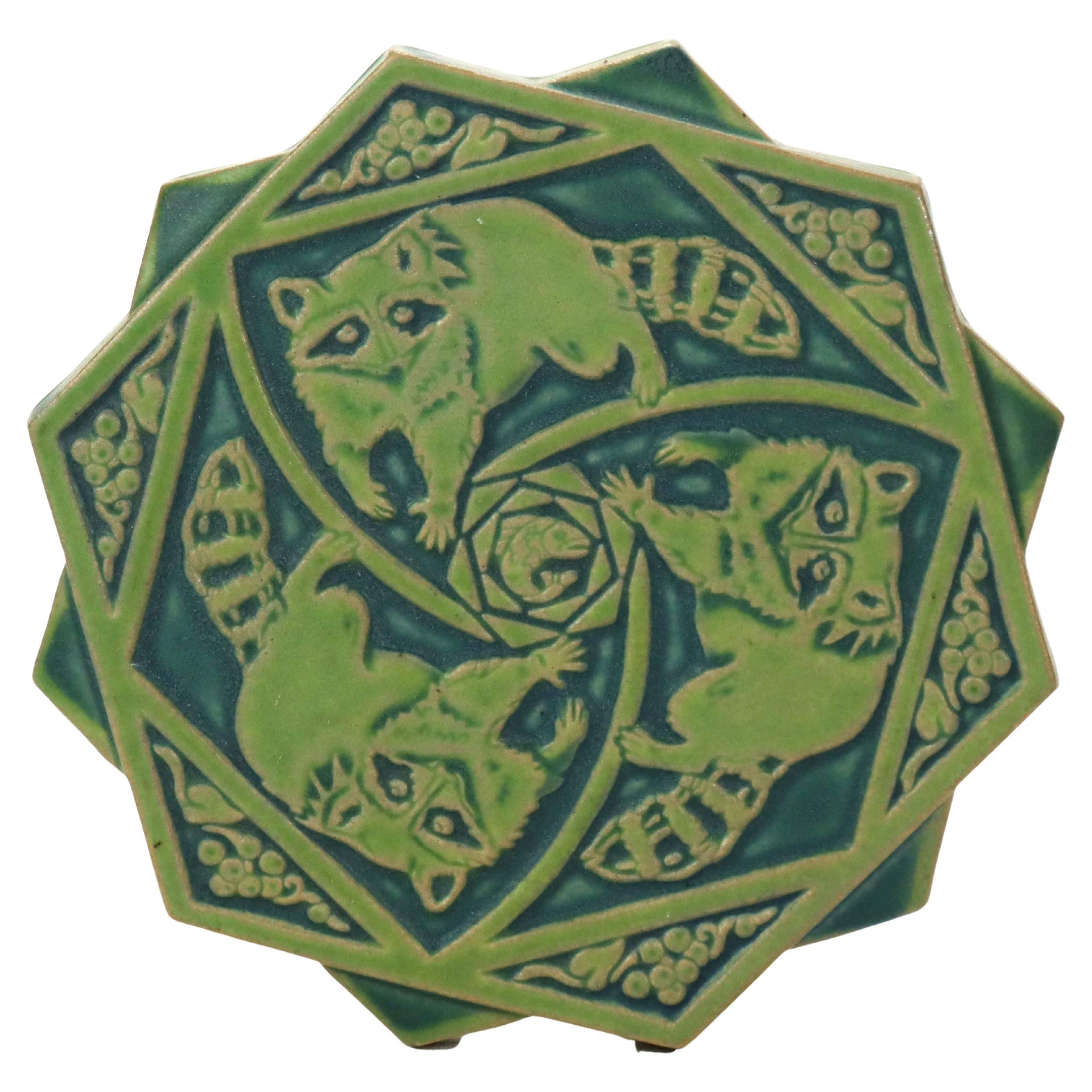 Antique Pewabic Arts & Crafts Pottery Trivet with Raccoons Signed C1920 For Sale