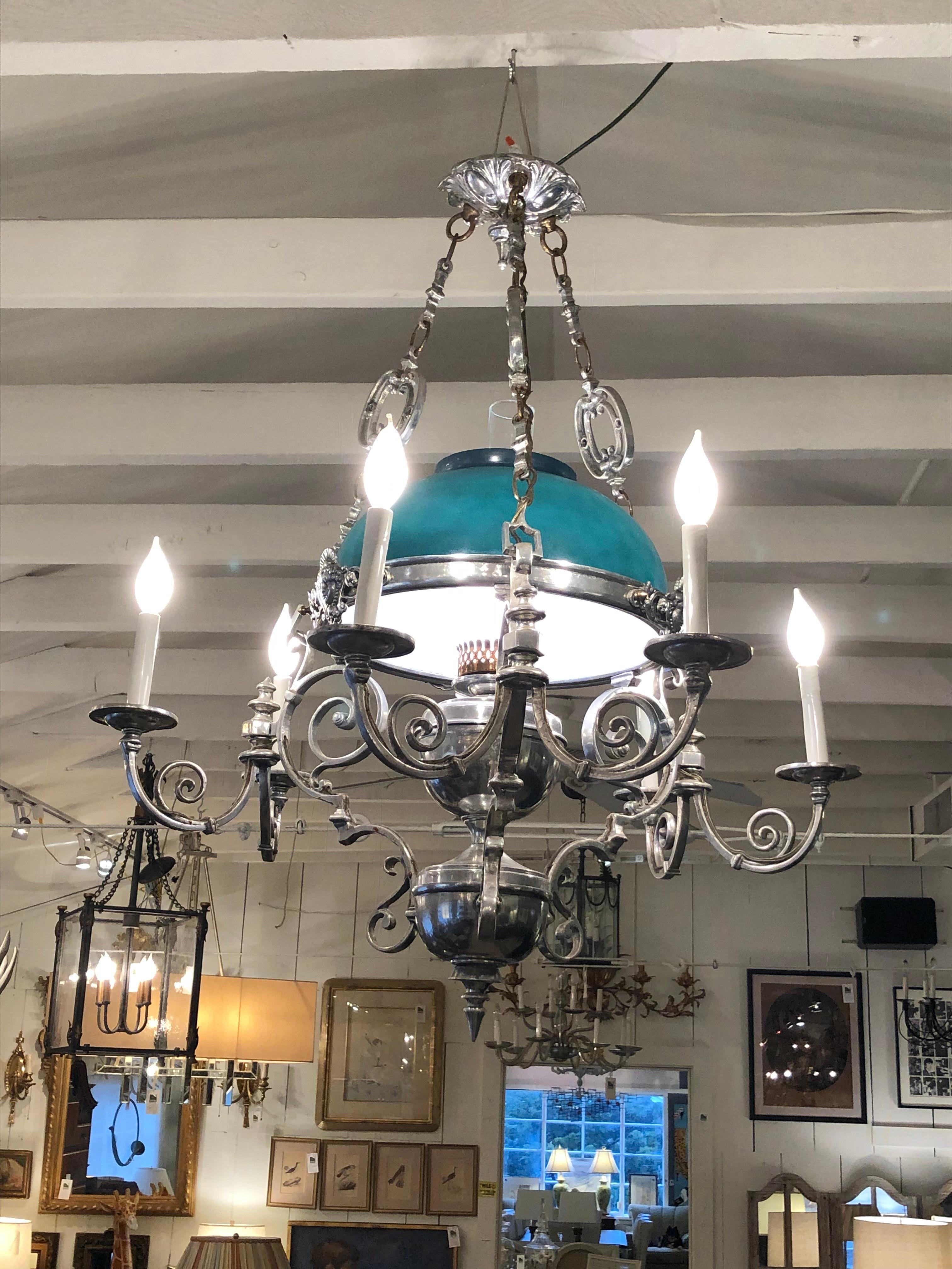American Antique Pewter and Green Dome Converted Gas Lamp Chandelier For Sale