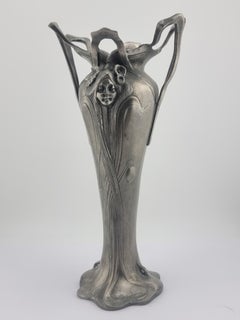 Antique Pewter Art Nouveau Vase Etain Tin Woman Flowers