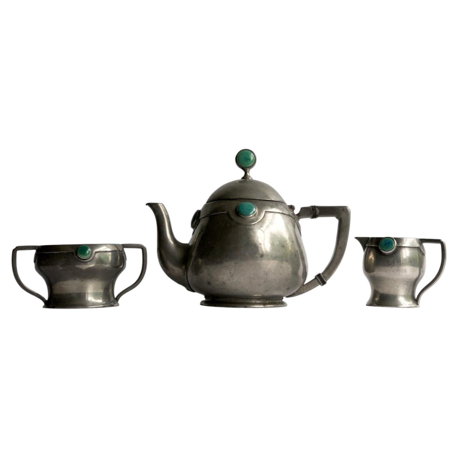 Antique Pewter Arts And Crafts Tea Set By William Hutton & Sons, Early 20th C.