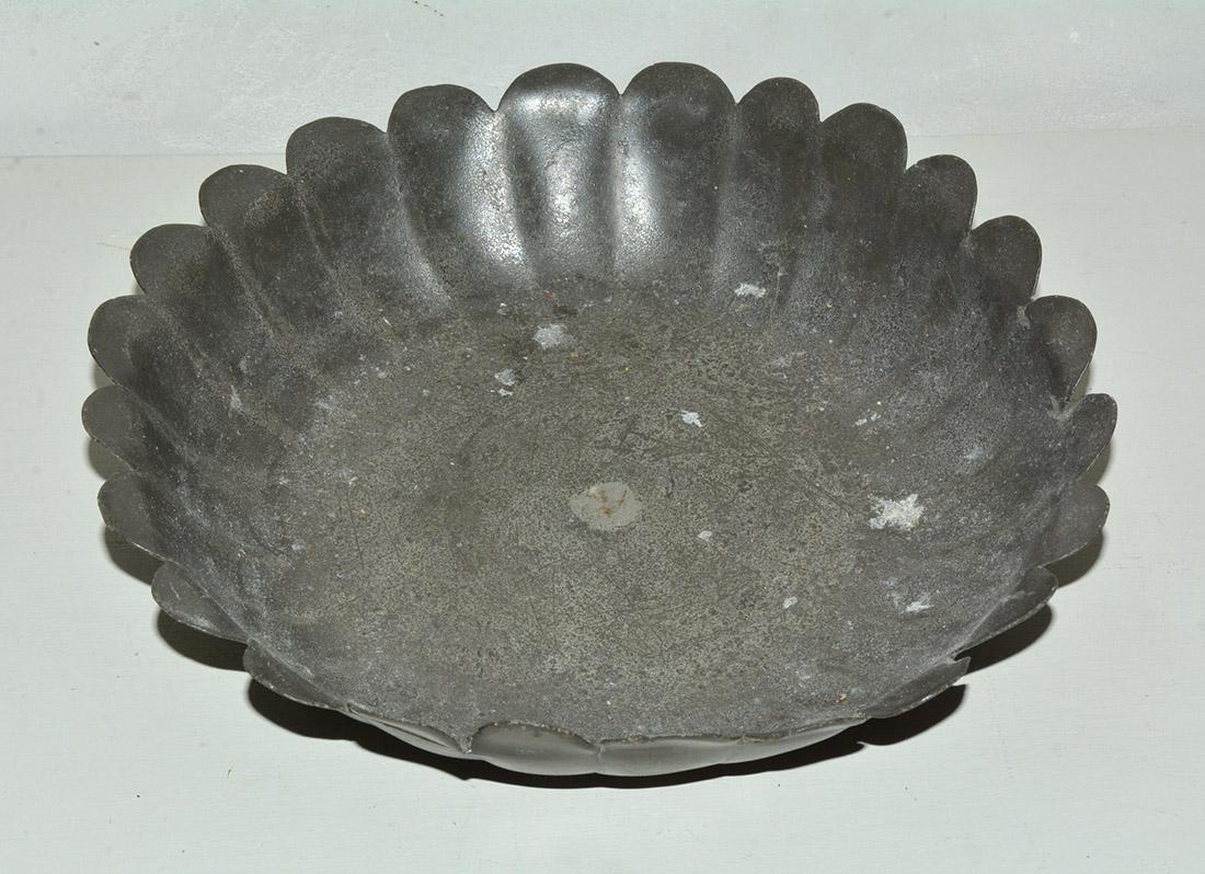 Antique pewter dish with scallop edge and great aged patina.