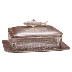 Caja decorativa de plata antigua para caviar, tarro de cristal HERRING y asa de pez