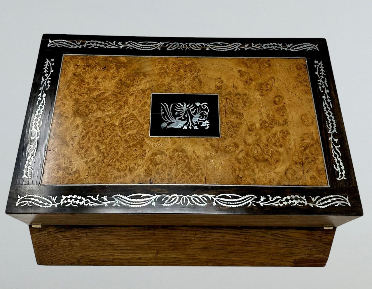Antique Pewter Inlaid Burl Amboyne Coromandel Desk Wooden Writing Slope Box 19Ct For Sale 4