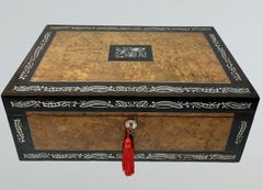 Antique Pewter Inlaid Burl Amboyne Coromandel Desk Wooden Writing Slope Box 19Ct