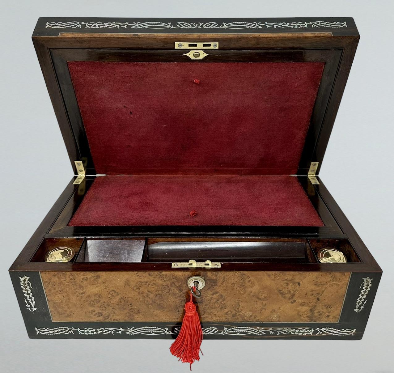 English Antique Pewter Inlaid Burl Amboyne Coromandel Desk Wooden Writing Slope Box 19Ct For Sale