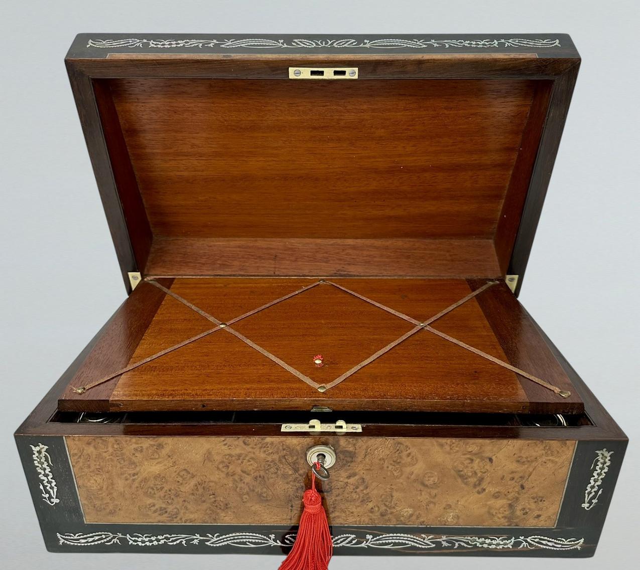 Antique Pewter Inlaid Burl Amboyne Coromandel Desk Wooden Writing Slope Box 19Ct In Good Condition For Sale In Dublin, Ireland