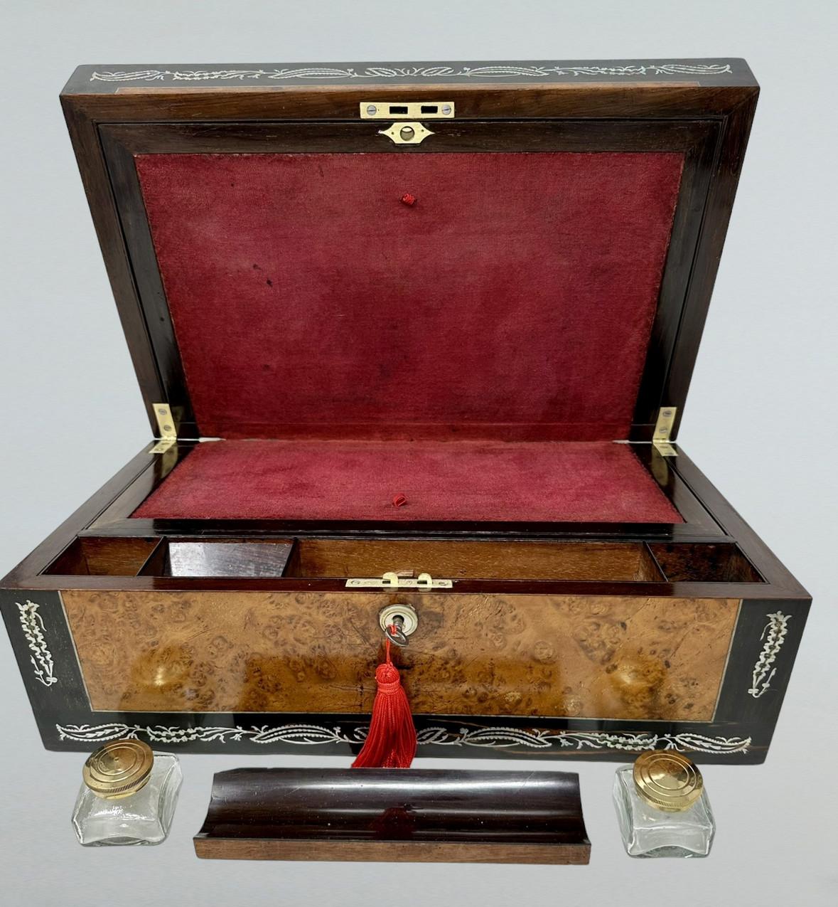 19th Century Antique Pewter Inlaid Burl Amboyne Coromandel Desk Wooden Writing Slope Box 19Ct For Sale