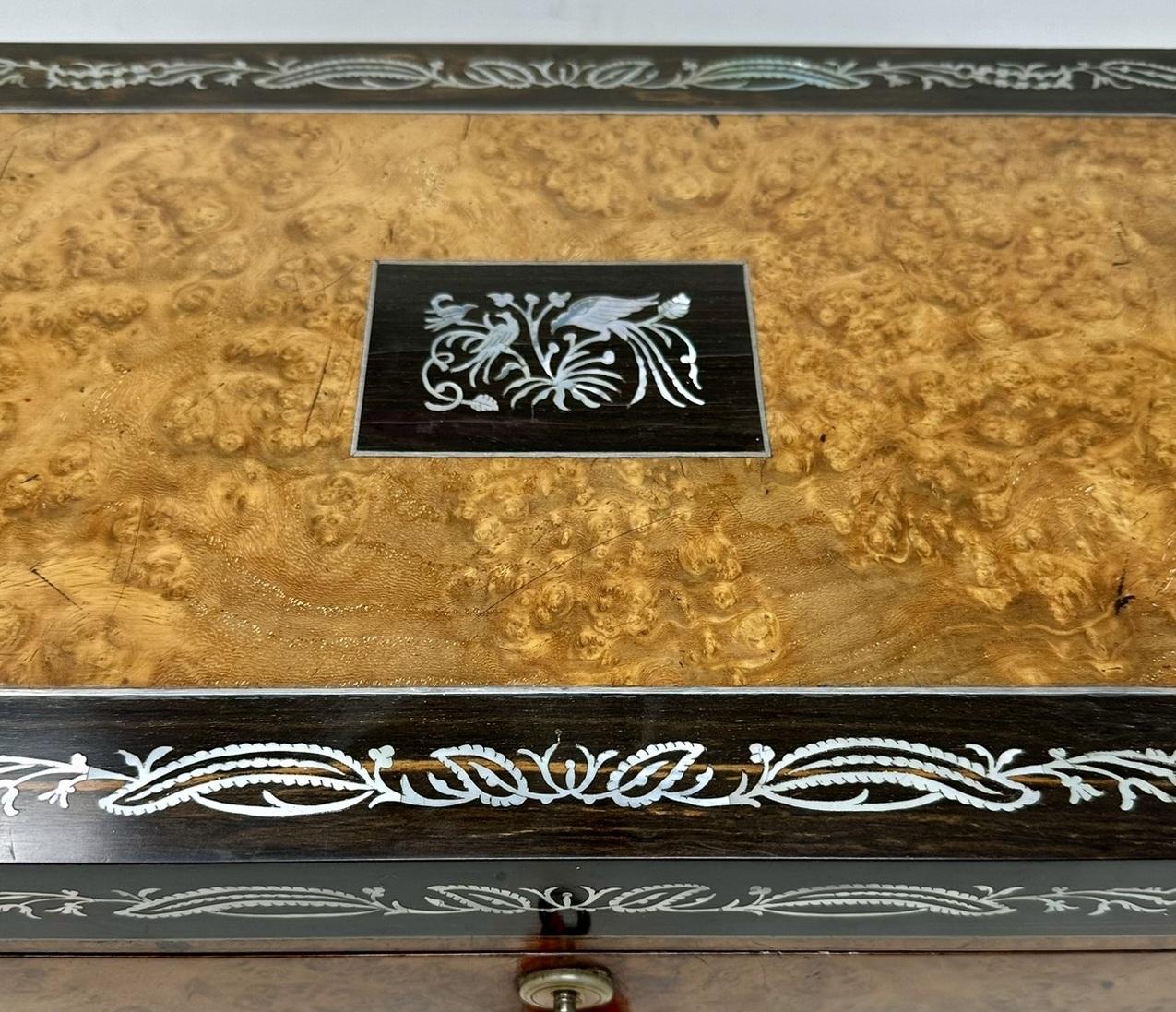 Antique Pewter Inlaid Burl Amboyne Coromandel Desk Wooden Writing Slope Box 19Ct For Sale 1