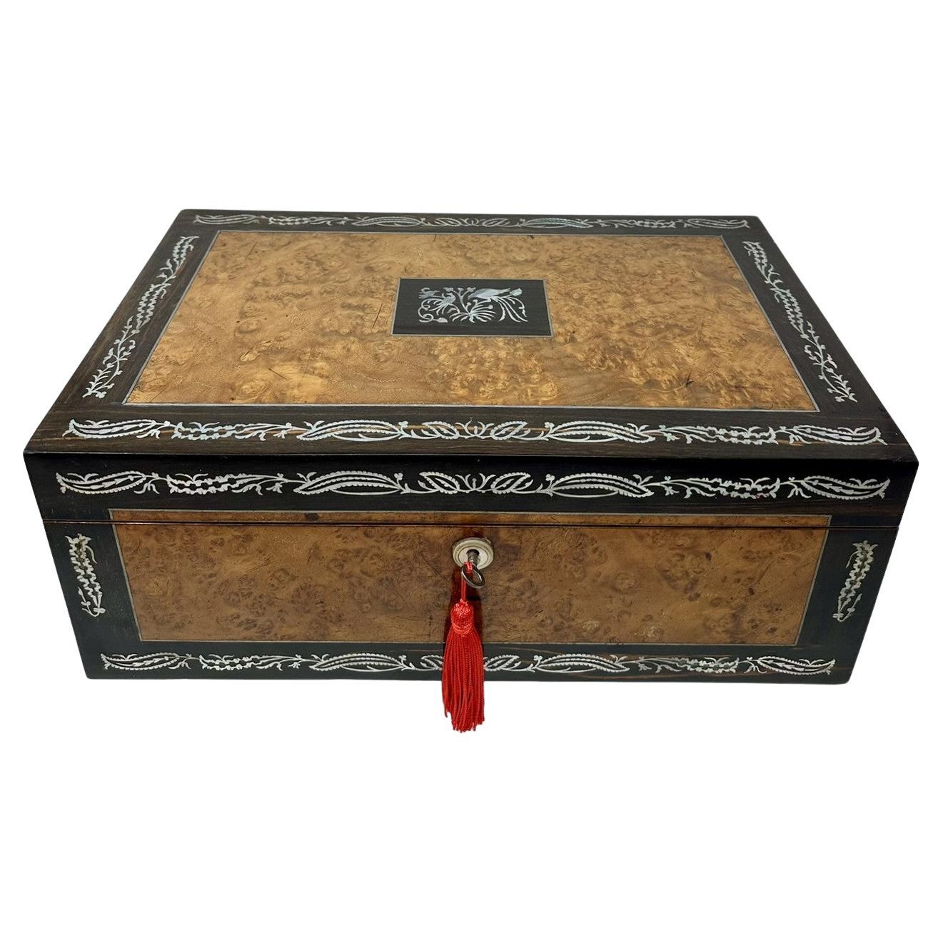 Antique Pewter Inlaid Burl Amboyne Coromandel Desk Wooden Writing Slope Box 19Ct For Sale