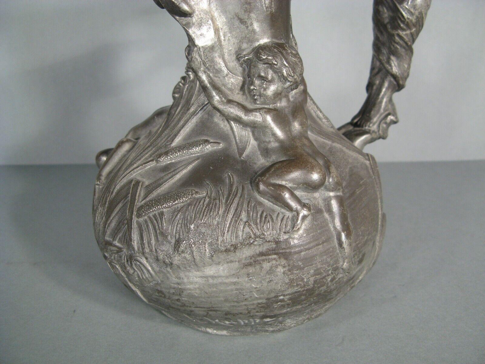 Antique Pewter Pitcher with Woman and Putti Motif Signed Henri Huppé - 1Y125 4