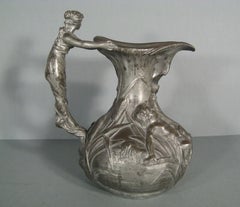 Antique Pewter Pitcher with Woman and Putti Motif Signed Henri Huppé - 1Y125