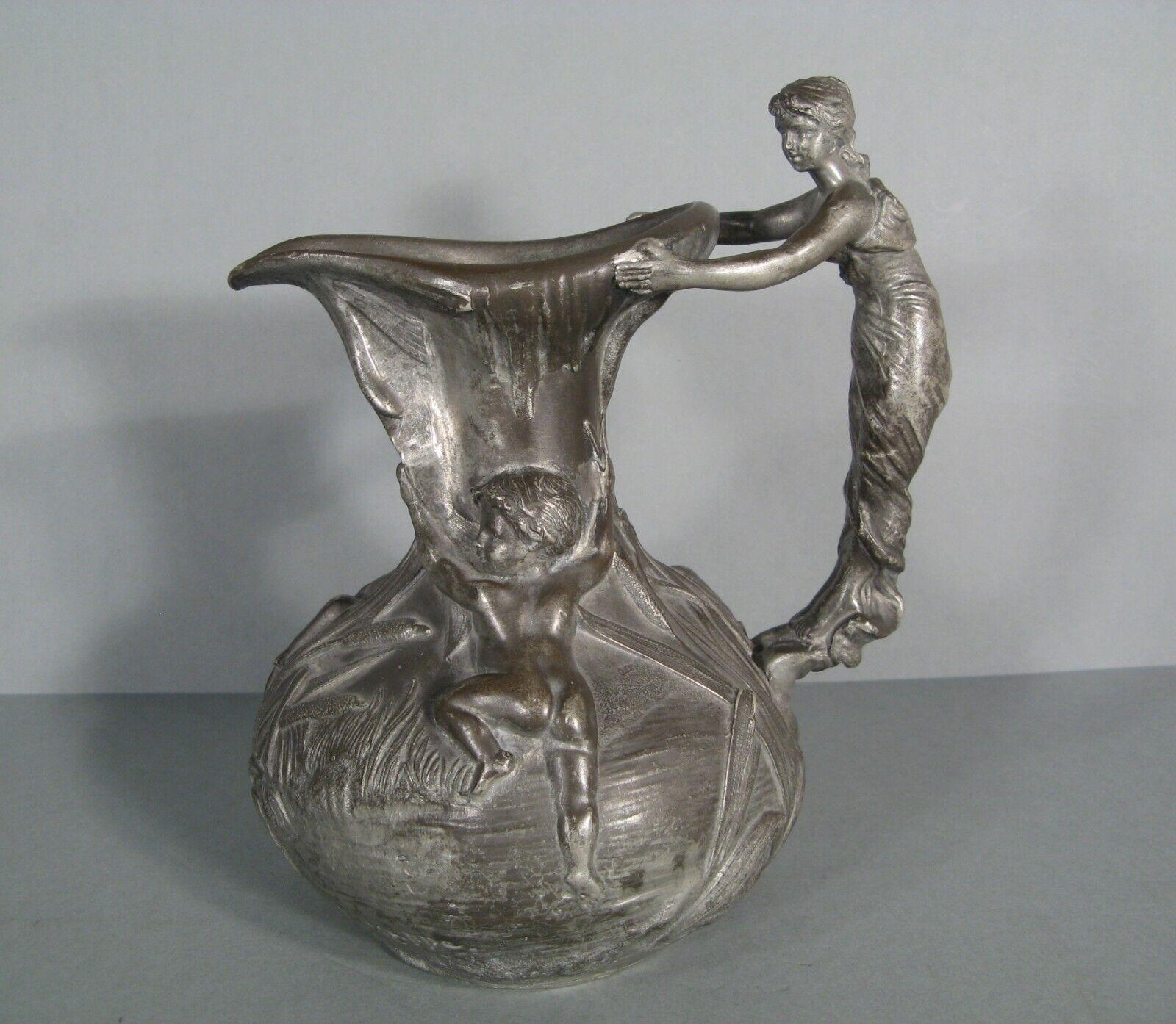 French Antique Pewter Pitcher with Woman and Putti Motif Signed Henri Huppé - 1Y125
