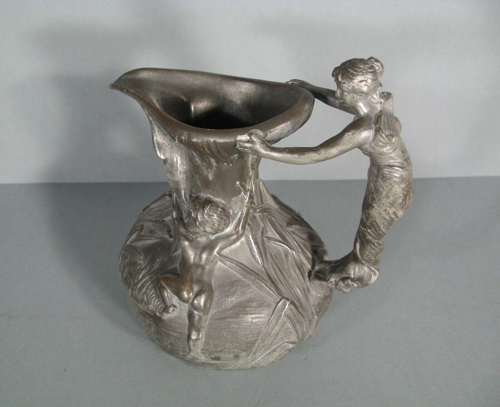 20th Century Antique Pewter Pitcher with Woman and Putti Motif Signed Henri Huppé - 1Y125