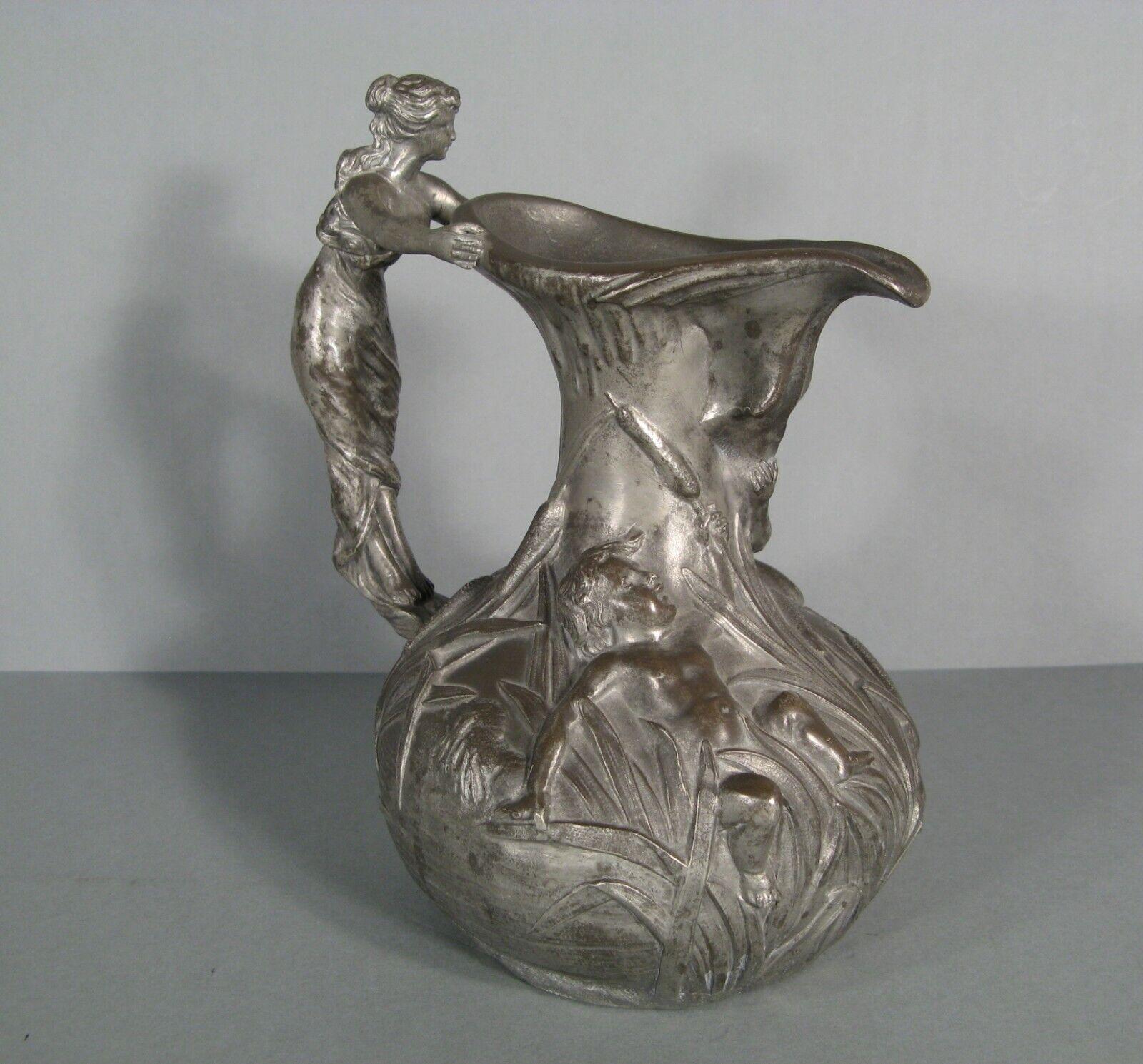 Antique Pewter Pitcher with Woman and Putti Motif Signed Henri Huppé - 1Y125 1