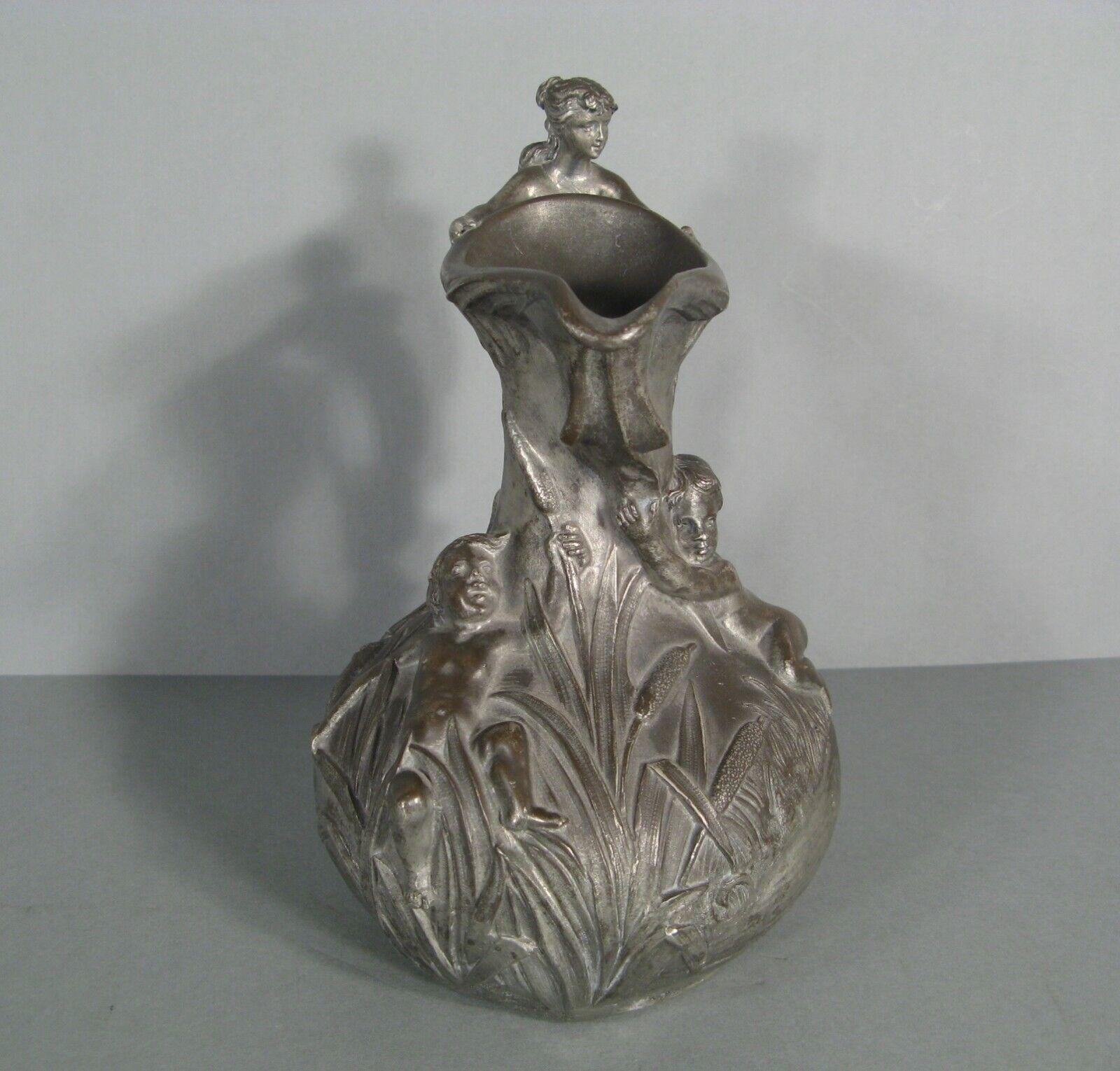 Antique Pewter Pitcher with Woman and Putti Motif Signed Henri Huppé - 1Y125 2