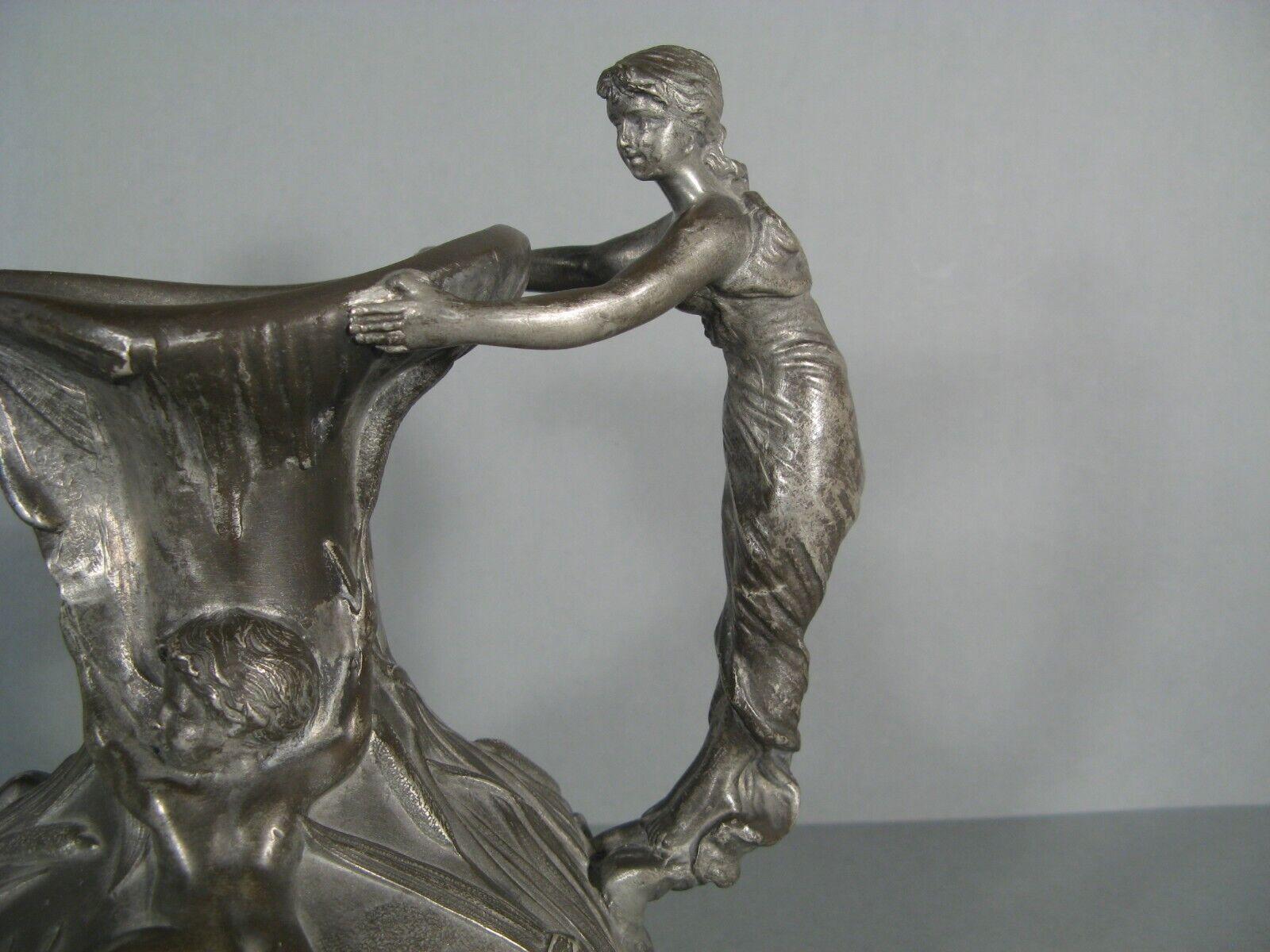 Antique Pewter Pitcher with Woman and Putti Motif Signed Henri Huppé - 1Y125 3