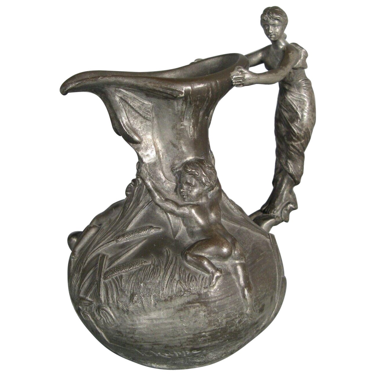 Antique Pewter Pitcher with Woman and Putti Motif Signed Henri Huppé - 1Y125