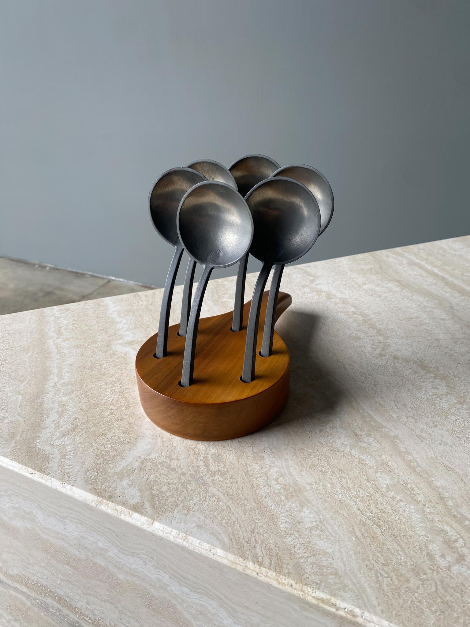 Antique Pewter Spoons On Custom Stand, set includes a custom wooden stand, markings on the spoon suggest they are European possibly from the 17th century, dated 1720.