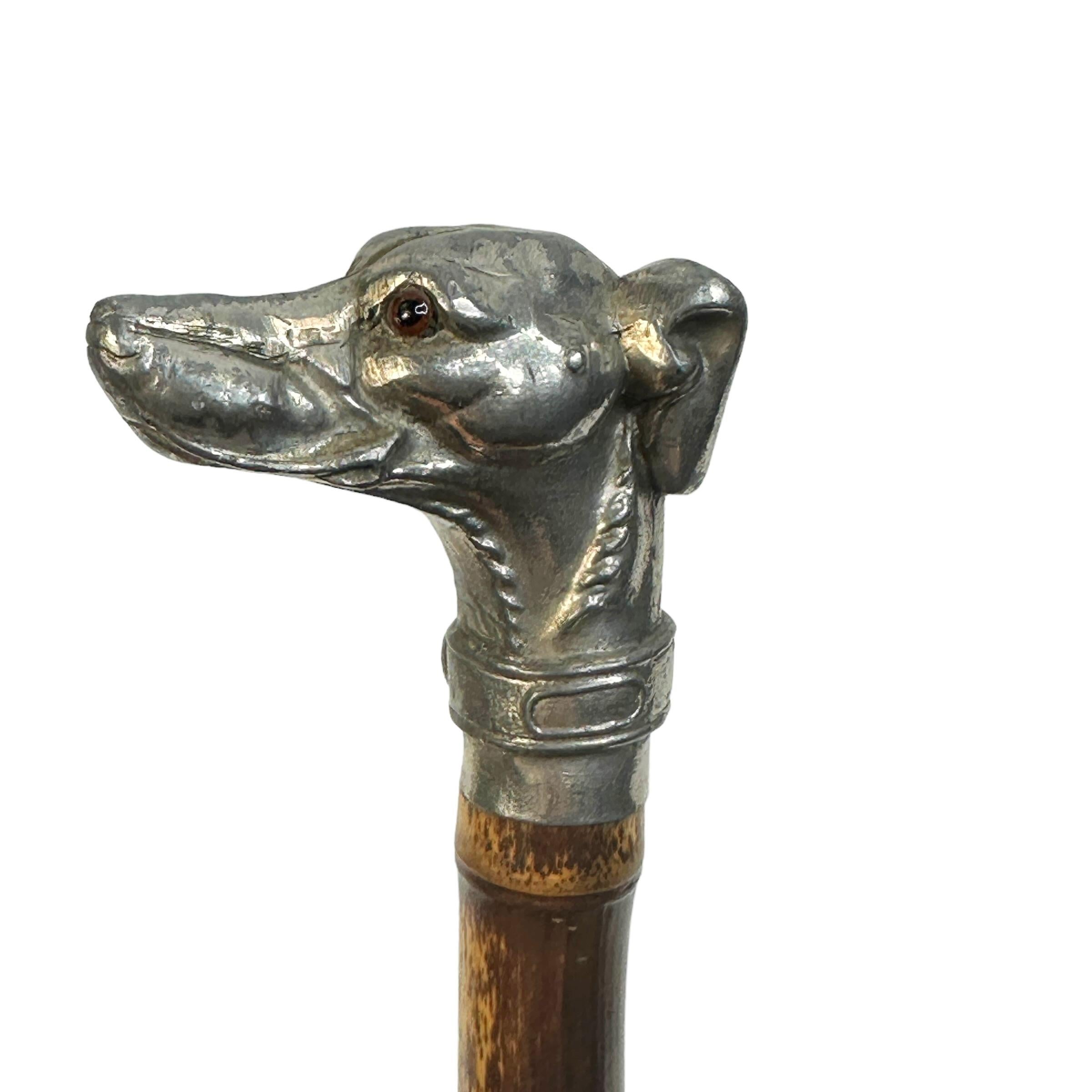 Hollywood Regency Antique Pewter Whippet Greyhound Head Dog Walking Stick, 1890s, Austria Vienna For Sale