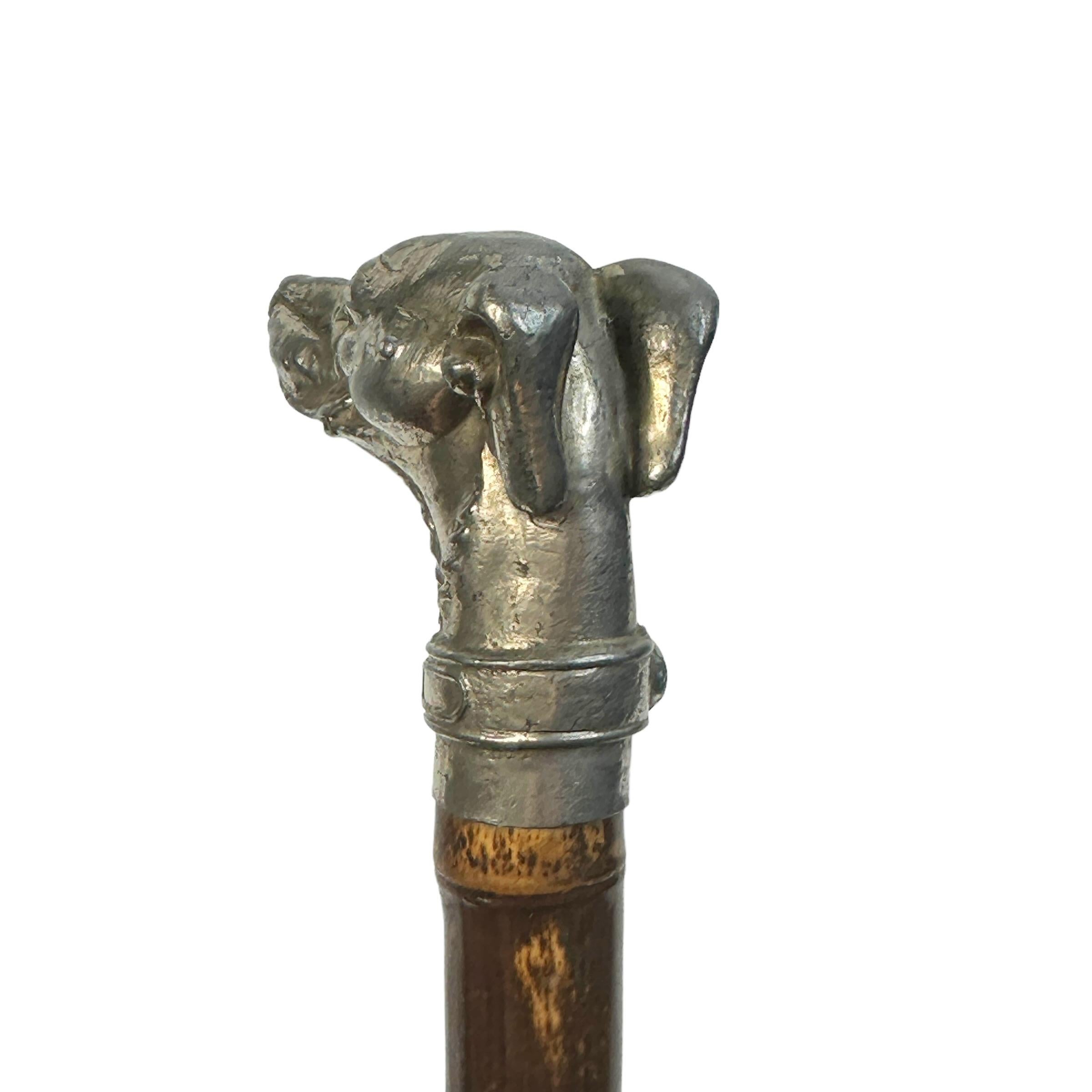 Hand-Carved Antique Pewter Whippet Greyhound Head Dog Walking Stick, 1890s, Austria Vienna For Sale