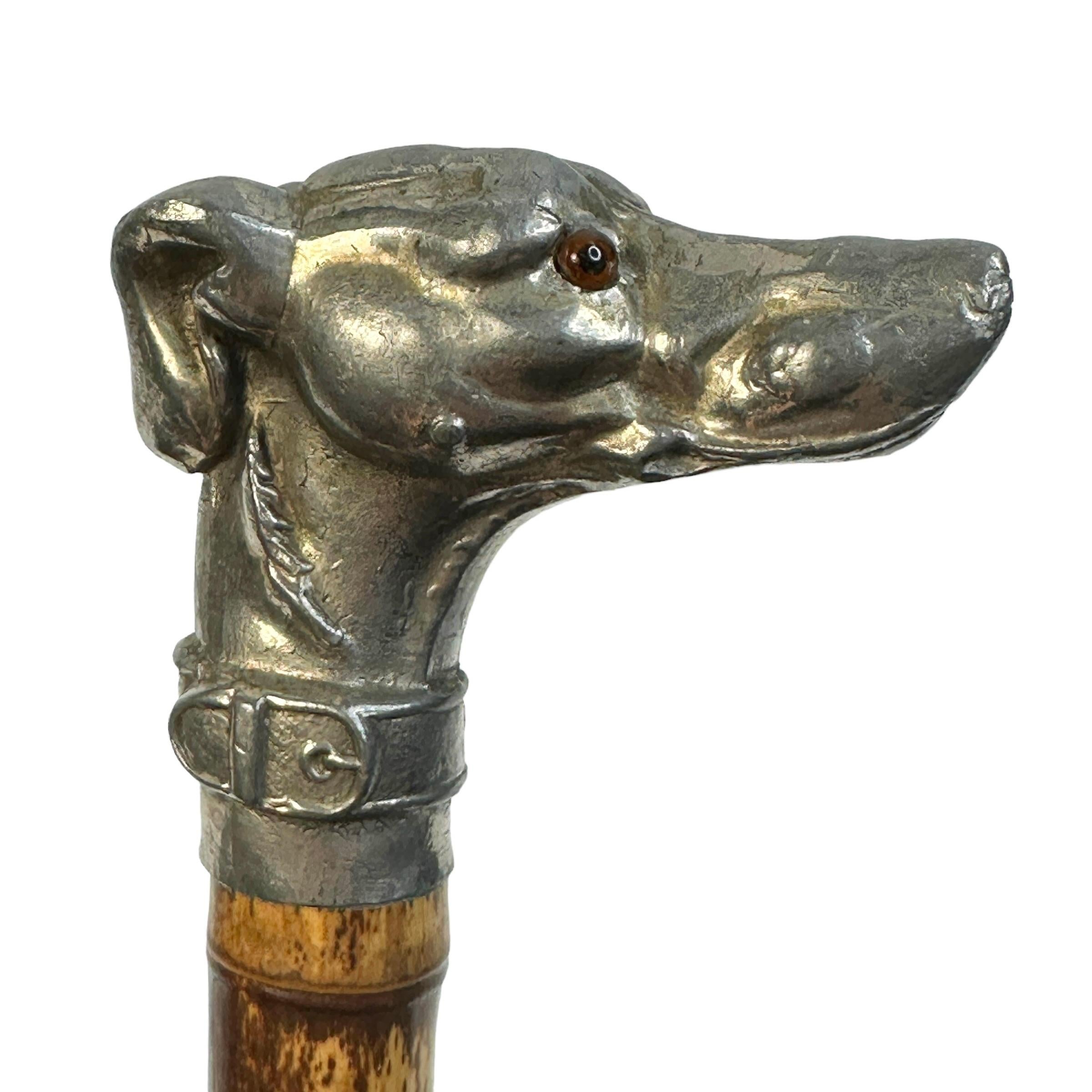 Hand-Carved Antique Pewter Whippet Greyhound Head Dog Walking Stick, 1890s, Austria Vienna For Sale