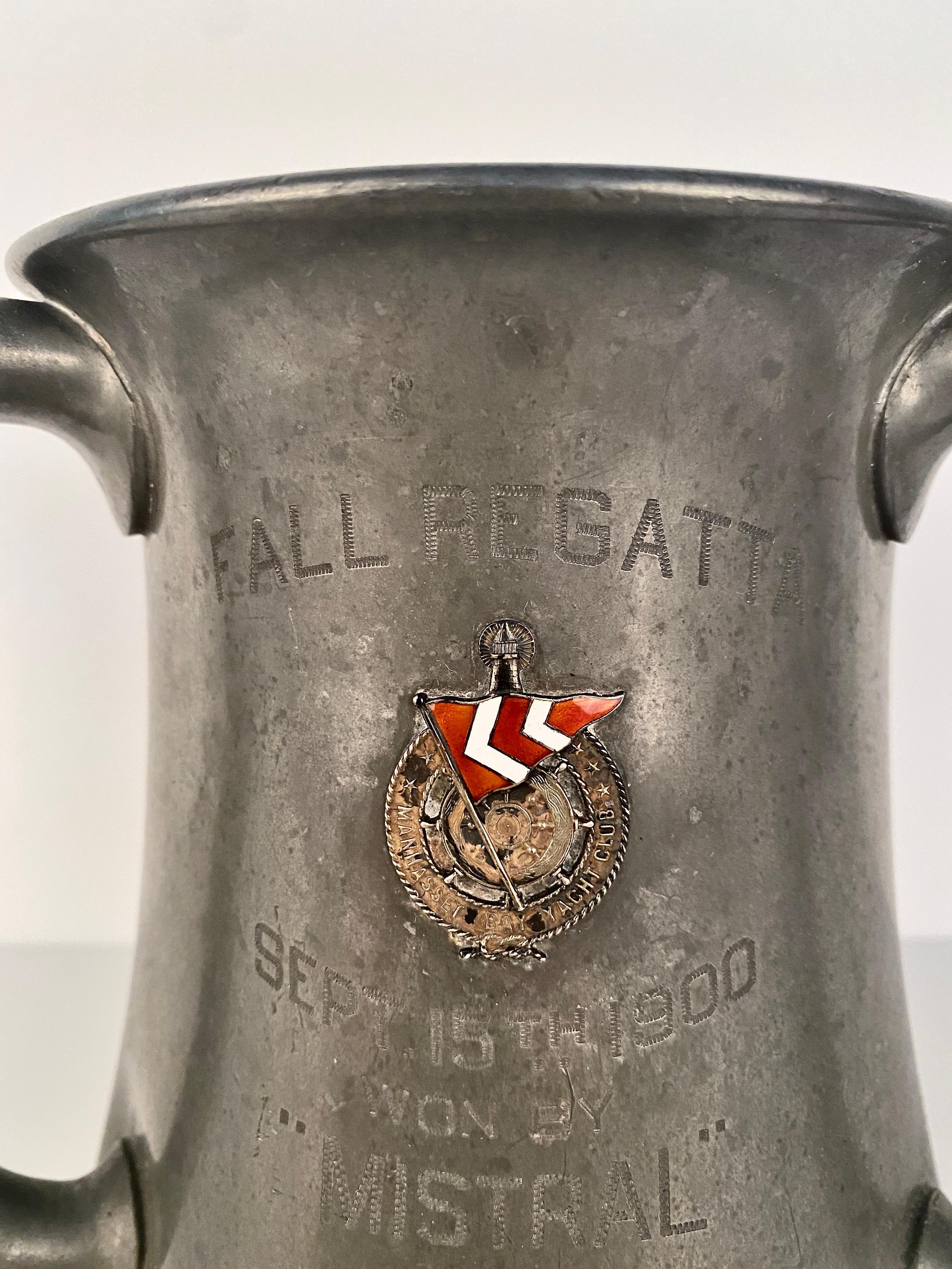 Antique Pewter Yachting Trophy, MHBYC 1900 In Fair Condition For Sale In Norwalk, CT
